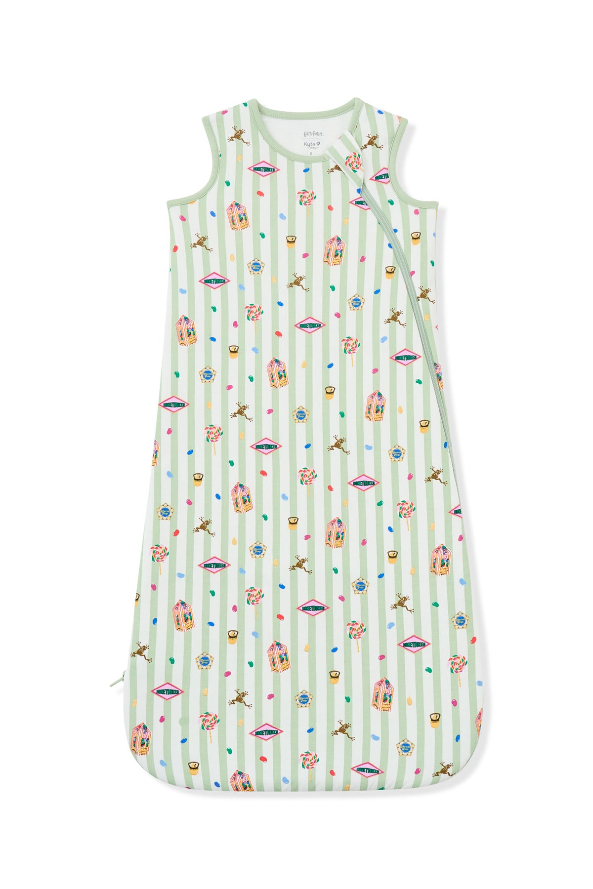 Green and white striped sleep bag with colorful Harry Potter patterns on a white background