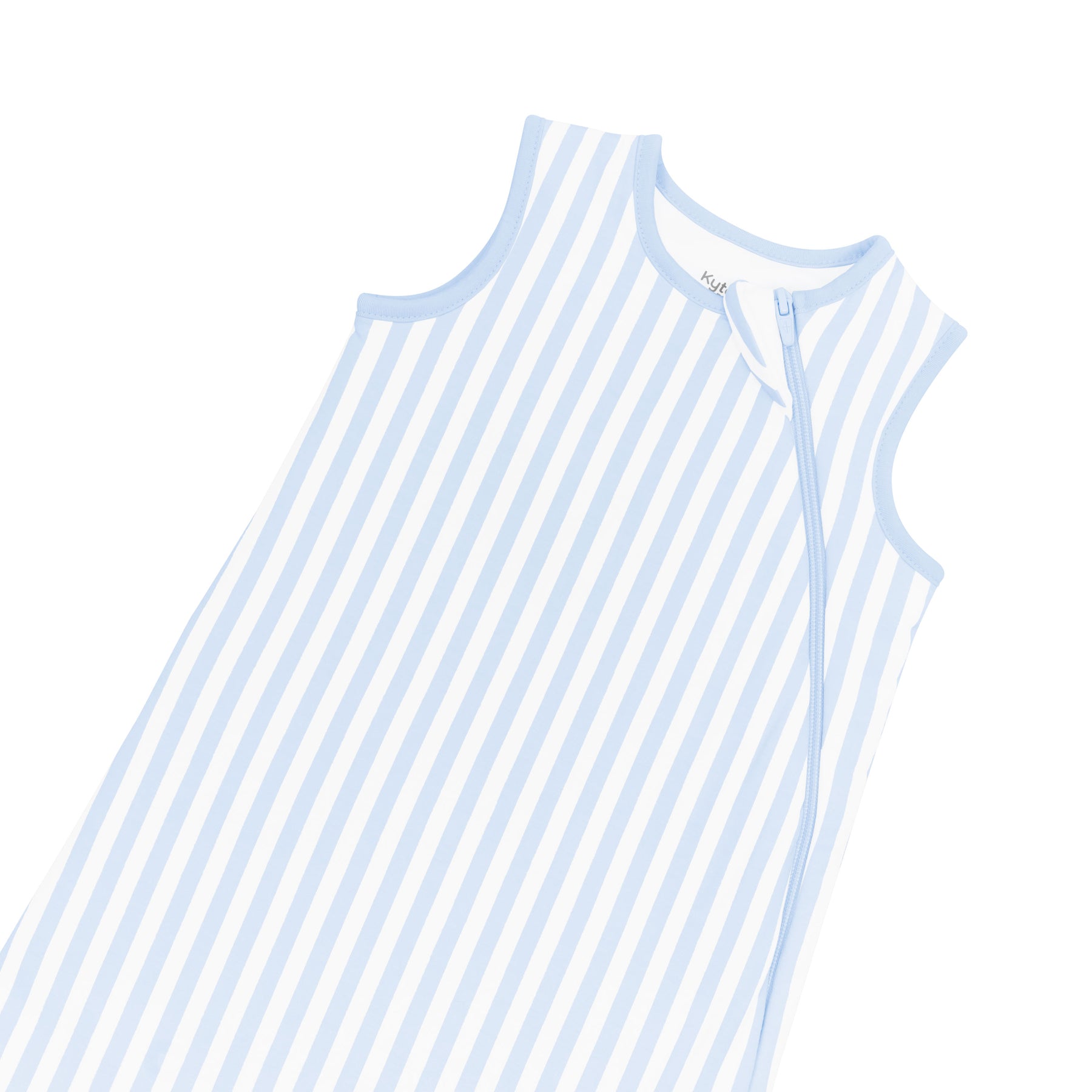 Close up of zipper garage and top zipper on the Sleep Bag in Small Mist Stripe 1.0