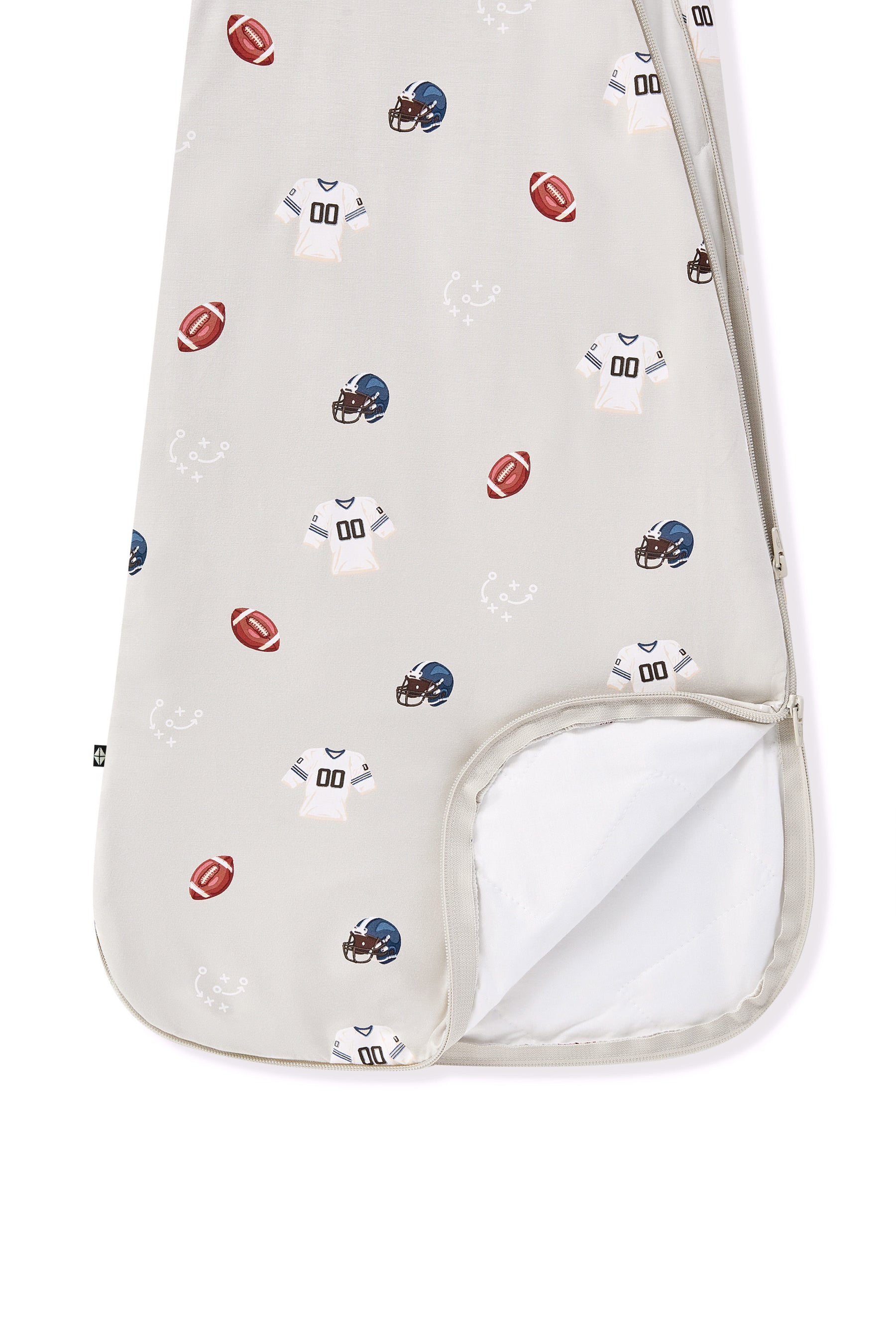 Sleep Bag in Vintage Football 1.0 with dual zipper on a white background