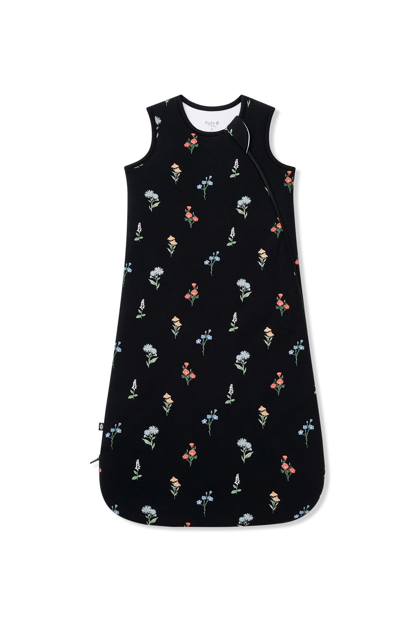 Black Sleep Bag with Wildflower 1.0 print on a white background