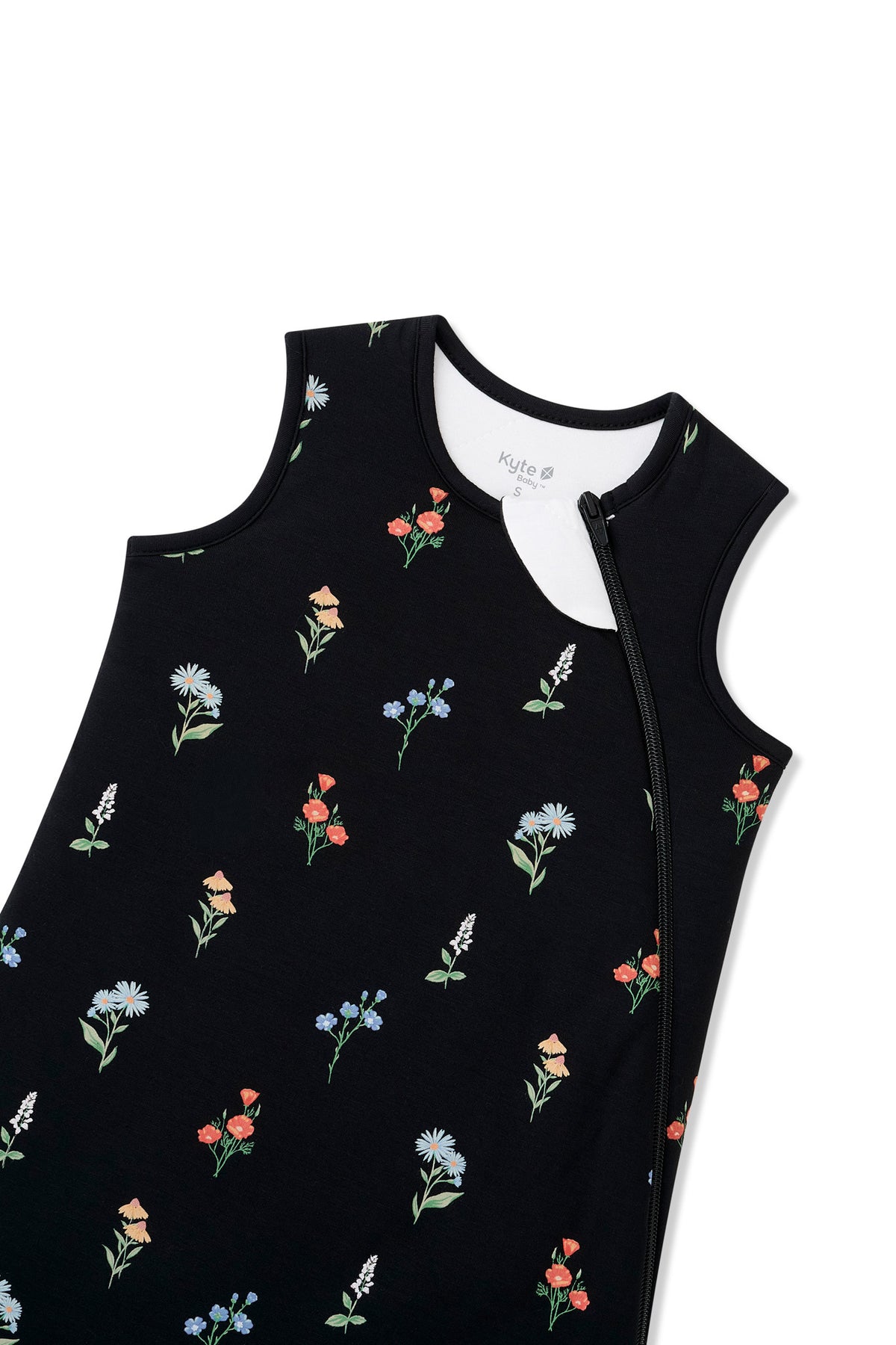 Black Sleep Bag  with Wildflower 1.0 print with zipper garage on a white background