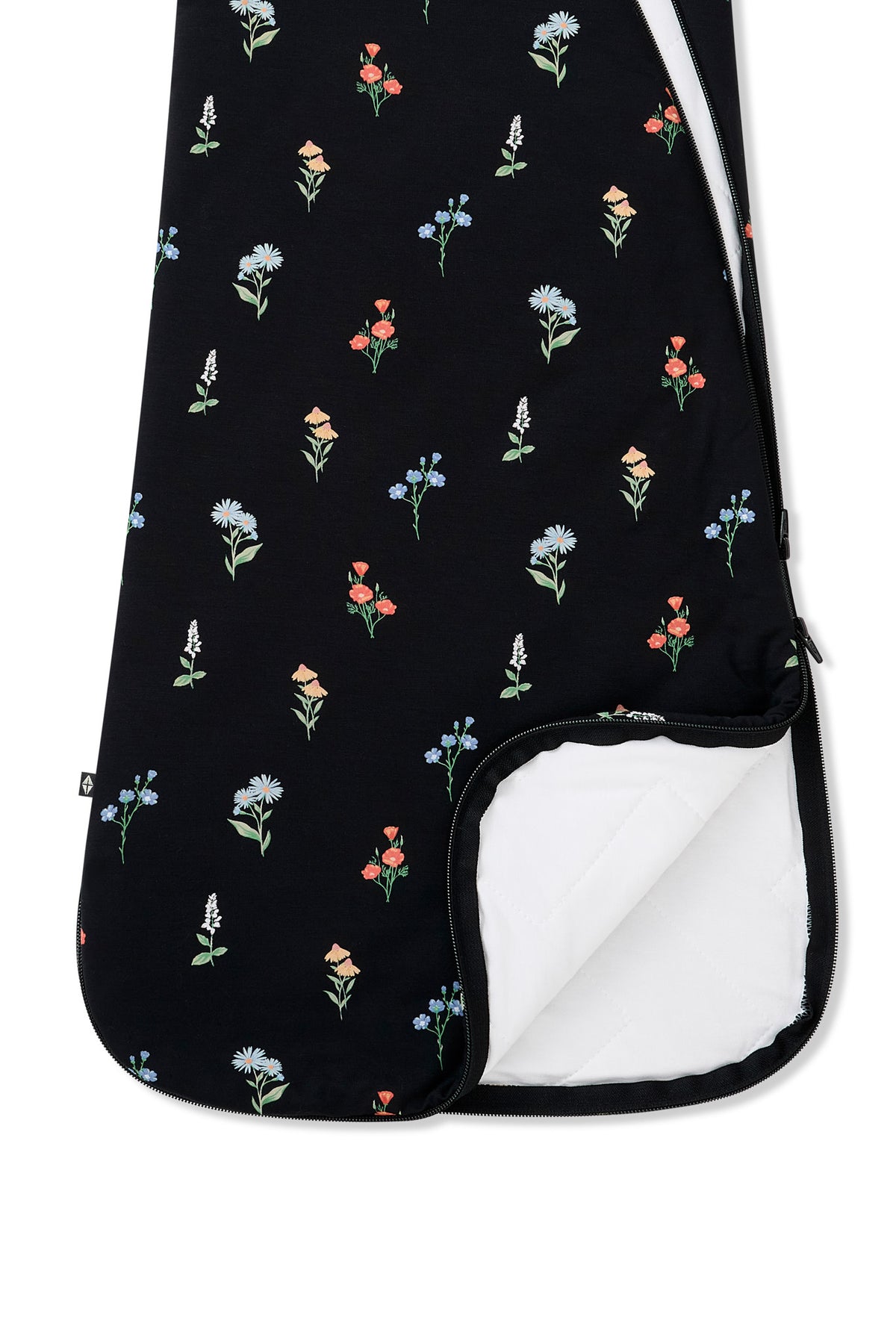 Black Sleep Bag with Wildflower 1.0 print with dual zipper on a white background