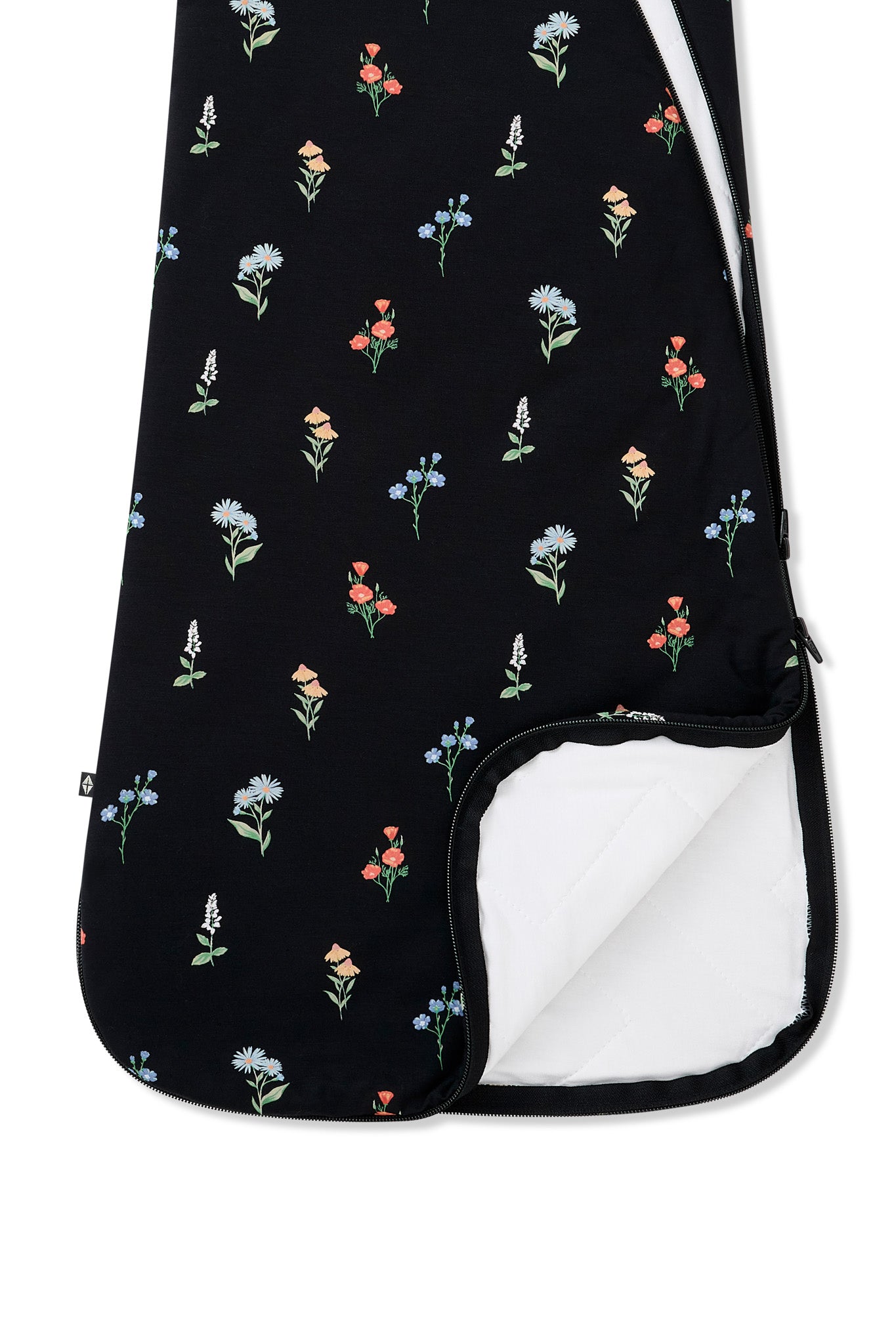 Black Sleep Bag with Wildflower 1.0 print with dual zipper on a white background