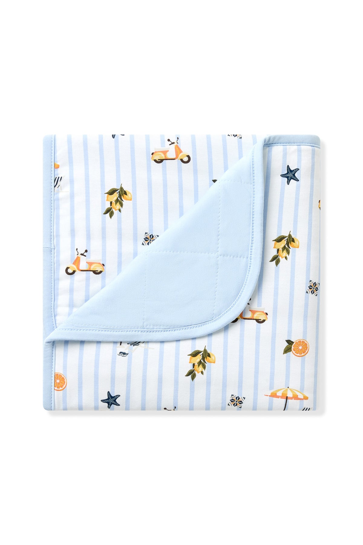 Baby Blanket in Amalfi Coast 1.0 with the corner flipped down showing the light blue quilted backing