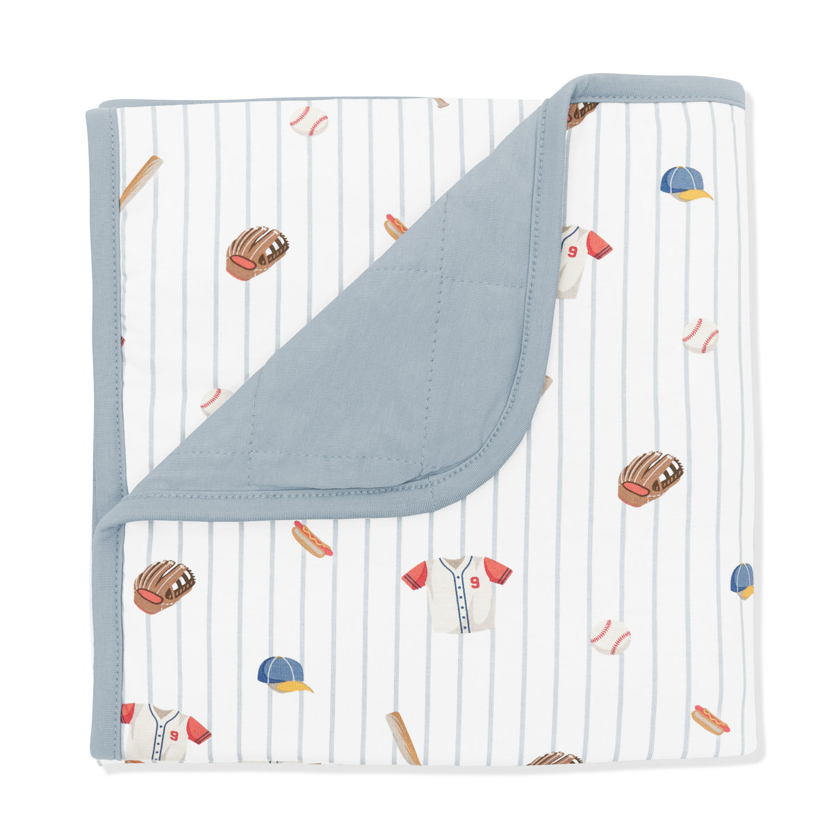 Baby Blanket in Home Run with the corner folded down showing the muted blue backing