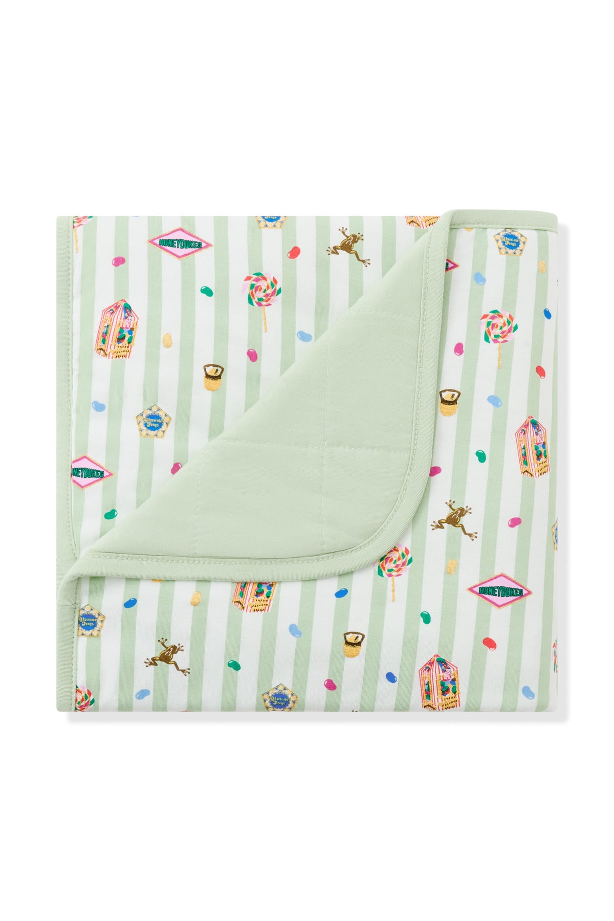 Green and white striped Baby blanket with colorful Harry Potter patterns on a white background