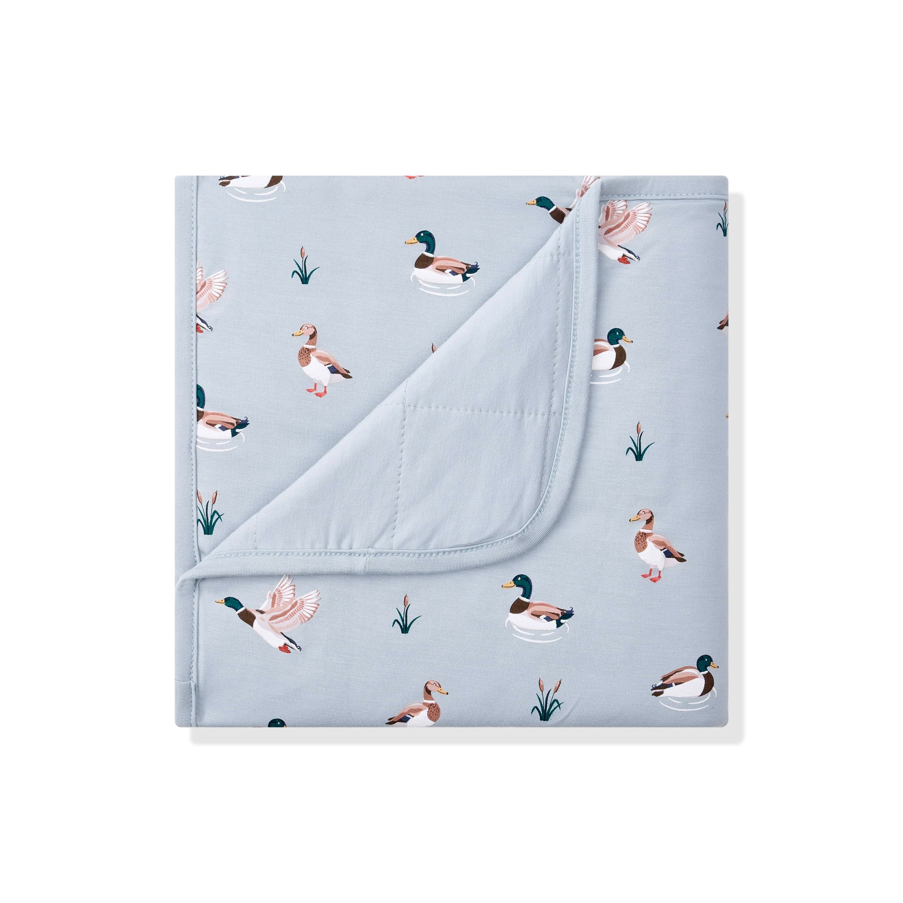Baby Blanket in Mallard Duck with the corner folded down showing the light blue backing