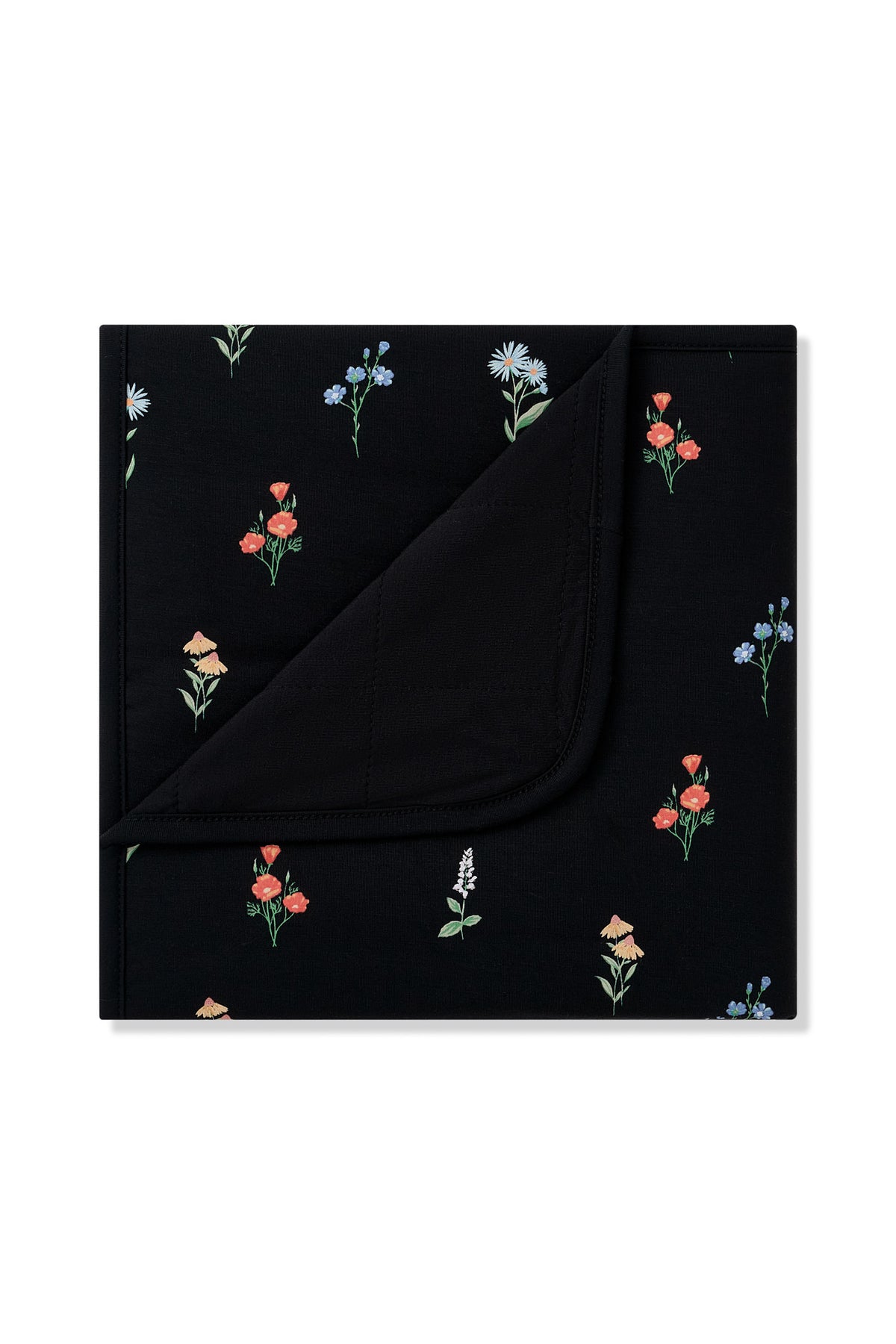 Black Baby Blanket with Wildflower 1.0 print on a white background