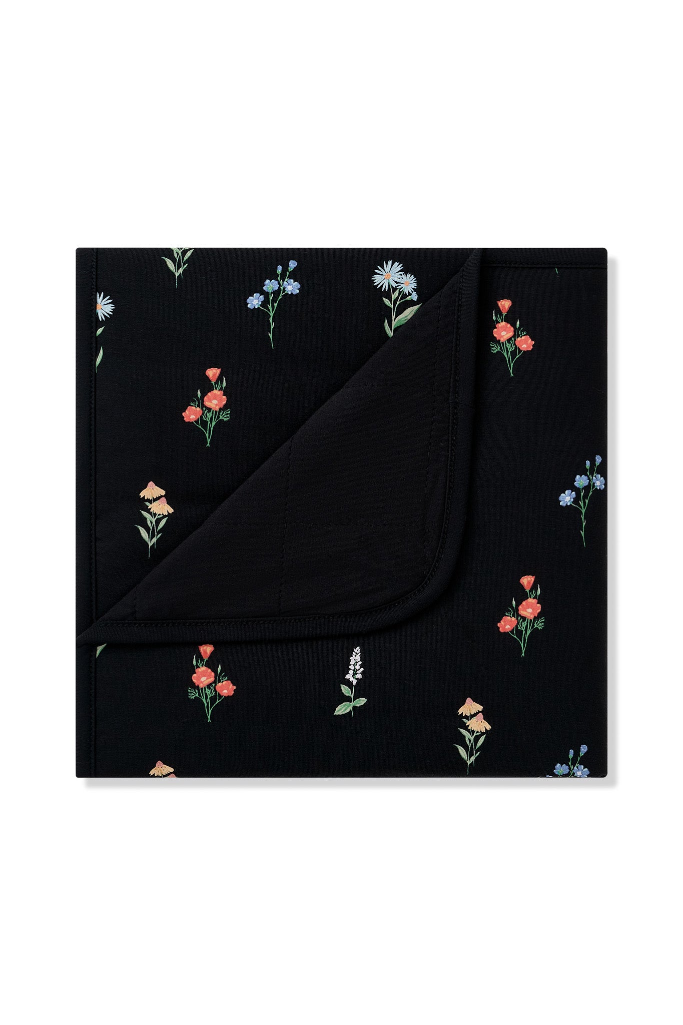Black Baby Blanket with Wildflower 1.0 print on a white background
