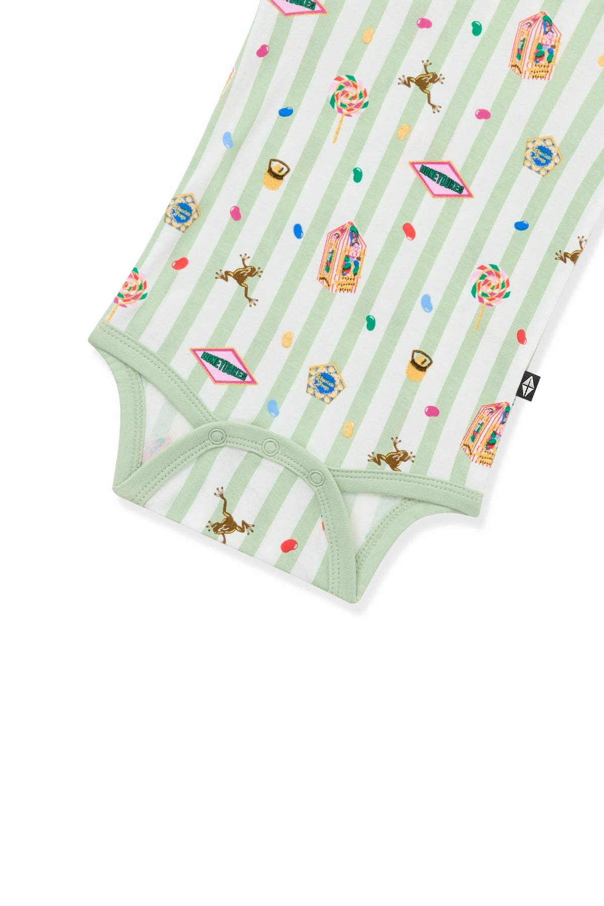 Bottom part of Green and white striped bodysuit with colorful Harry Potter patterns on a white background