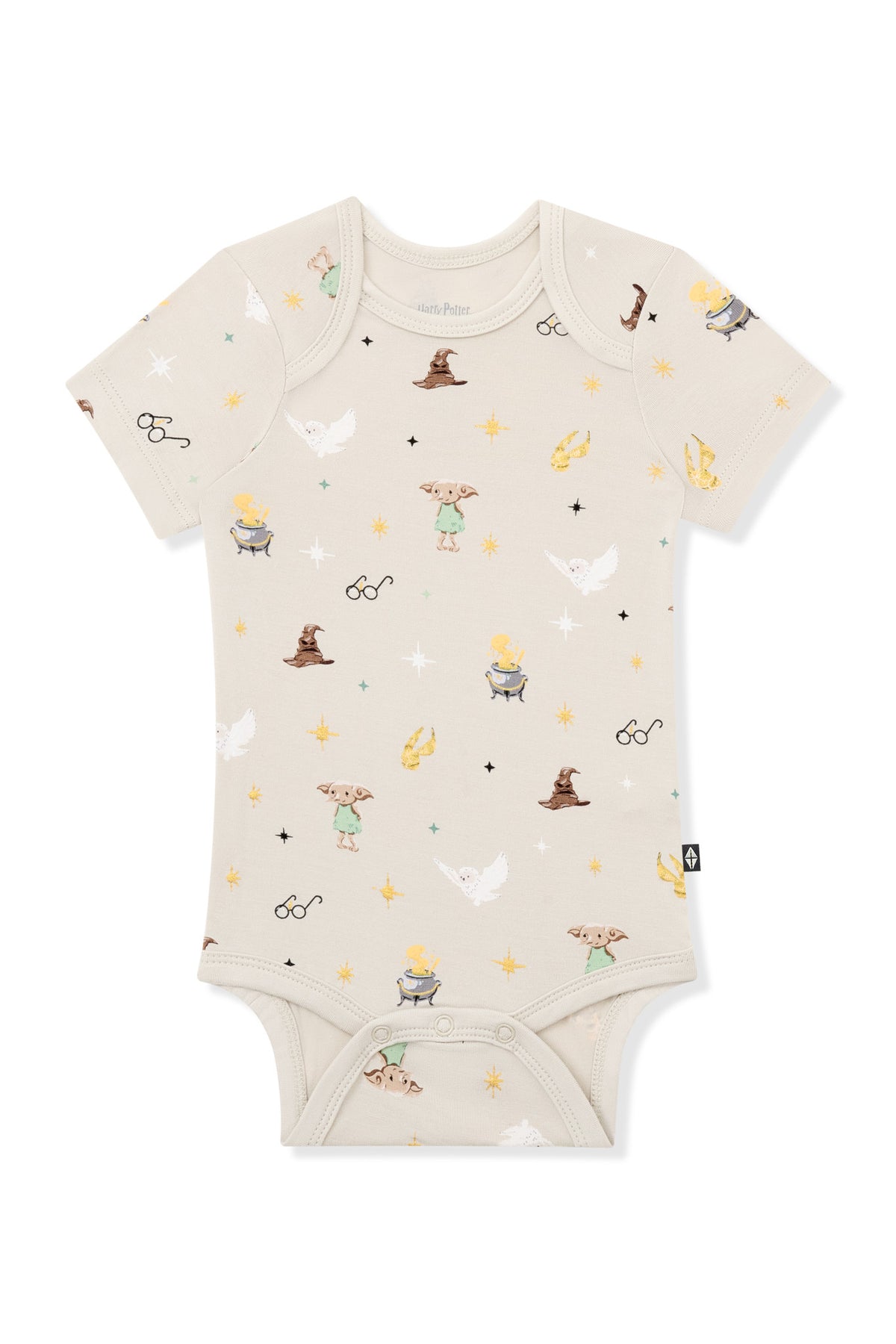 Beige bodysuit with Harry Potter prints on a white background