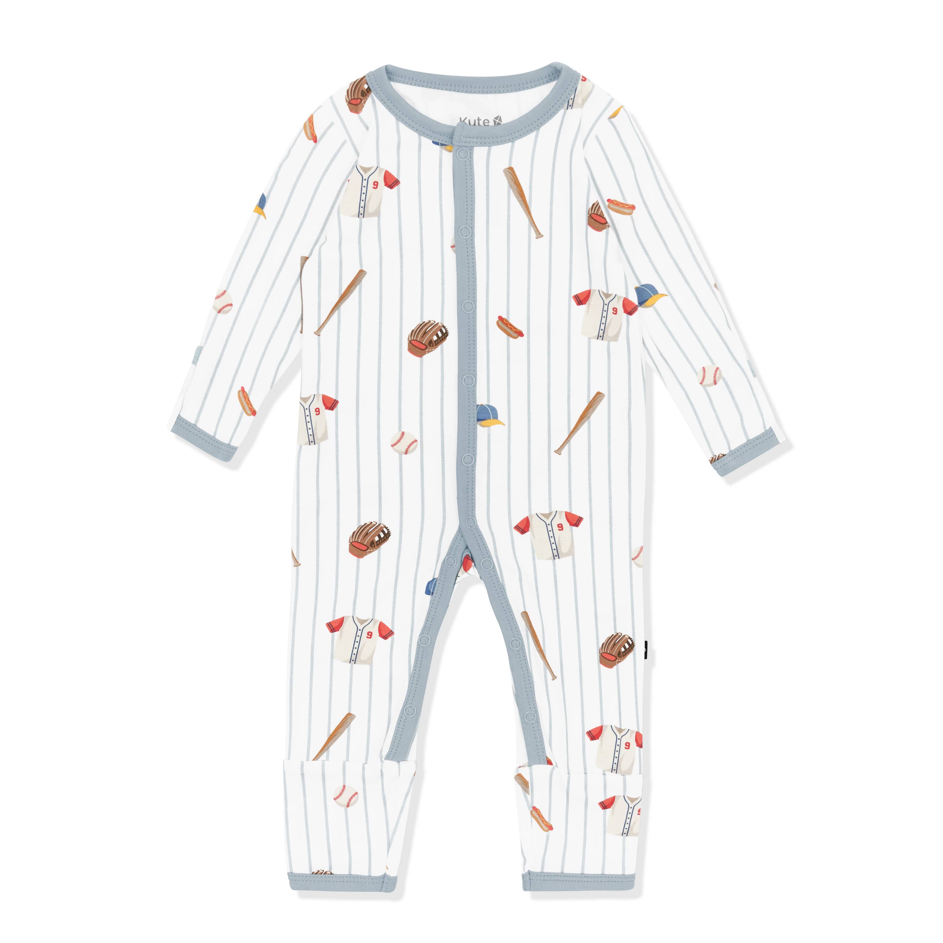 Romper in Home Run with the muted blue trim laying on a white surface