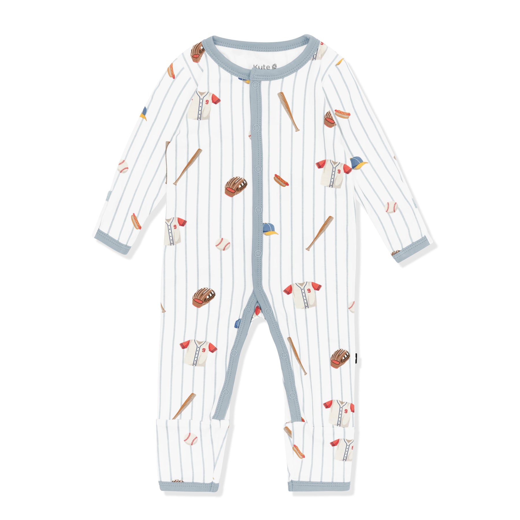 Romper in Home Run with the muted blue trim laying on a white surface