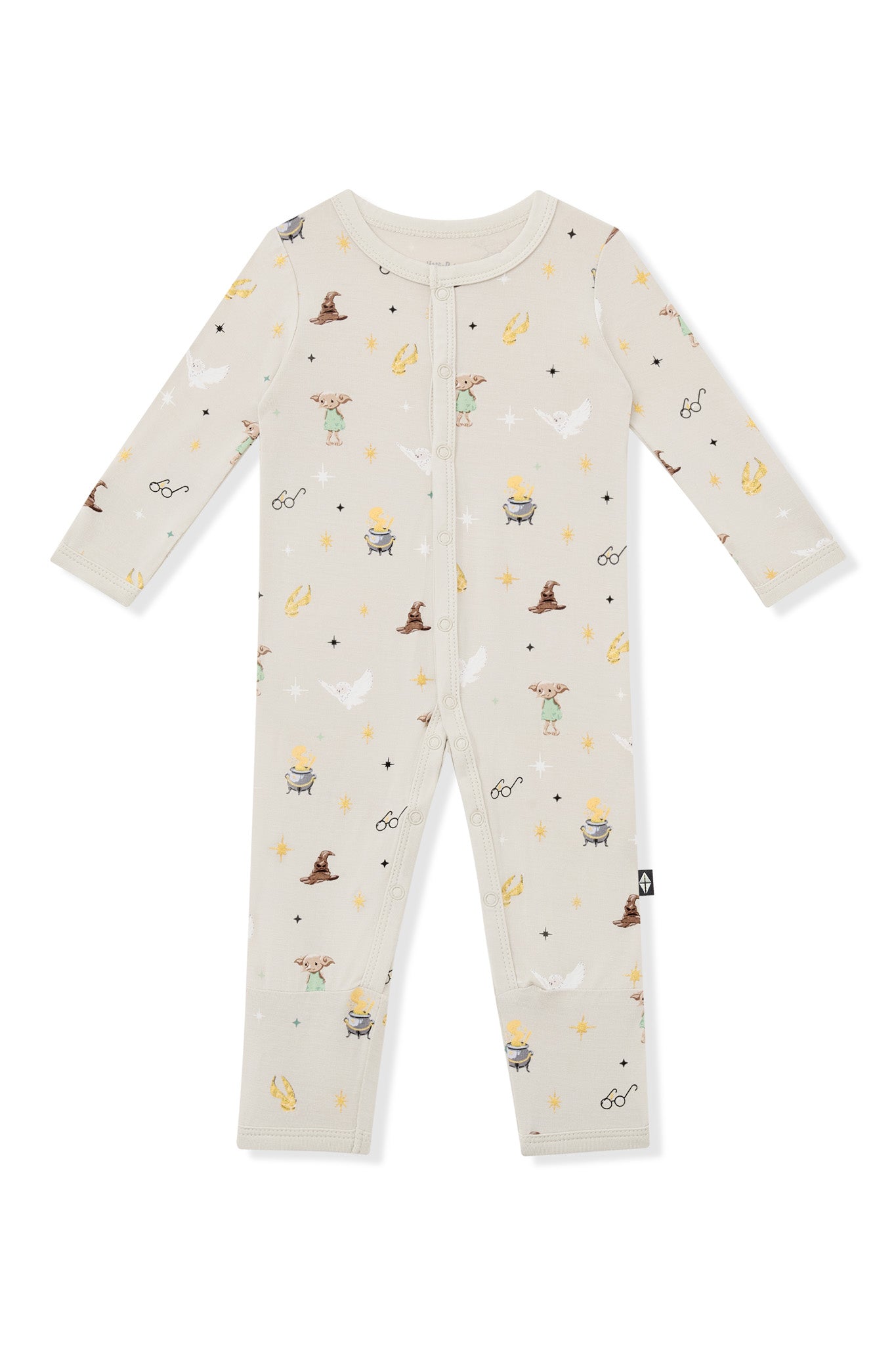 Beige snap romper with Harry Potter prints on a white background