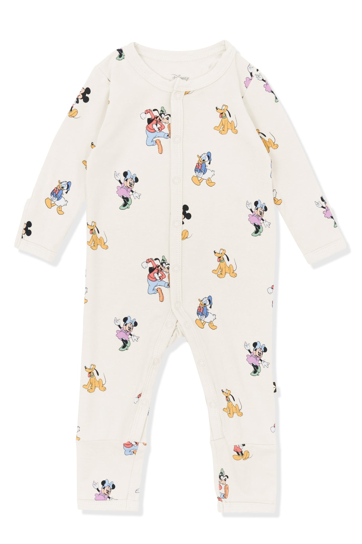 Romper with Mickey Mouse and Friends print on an oat background