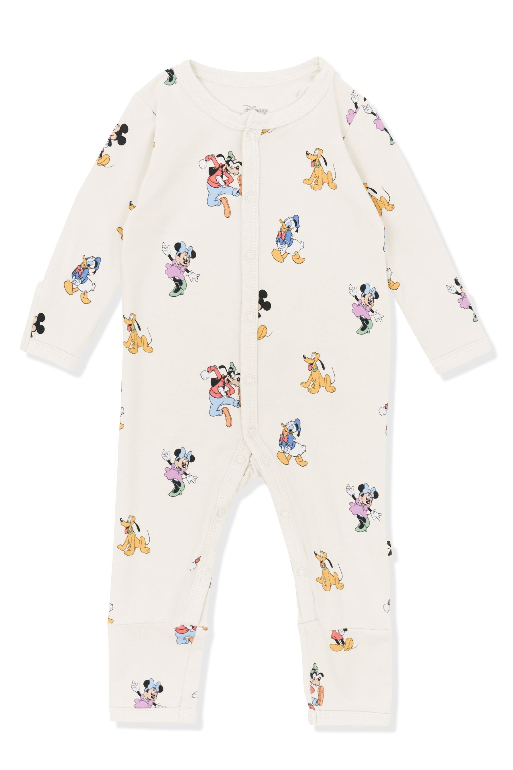 Romper with Mickey Mouse and Friends print on an oat background