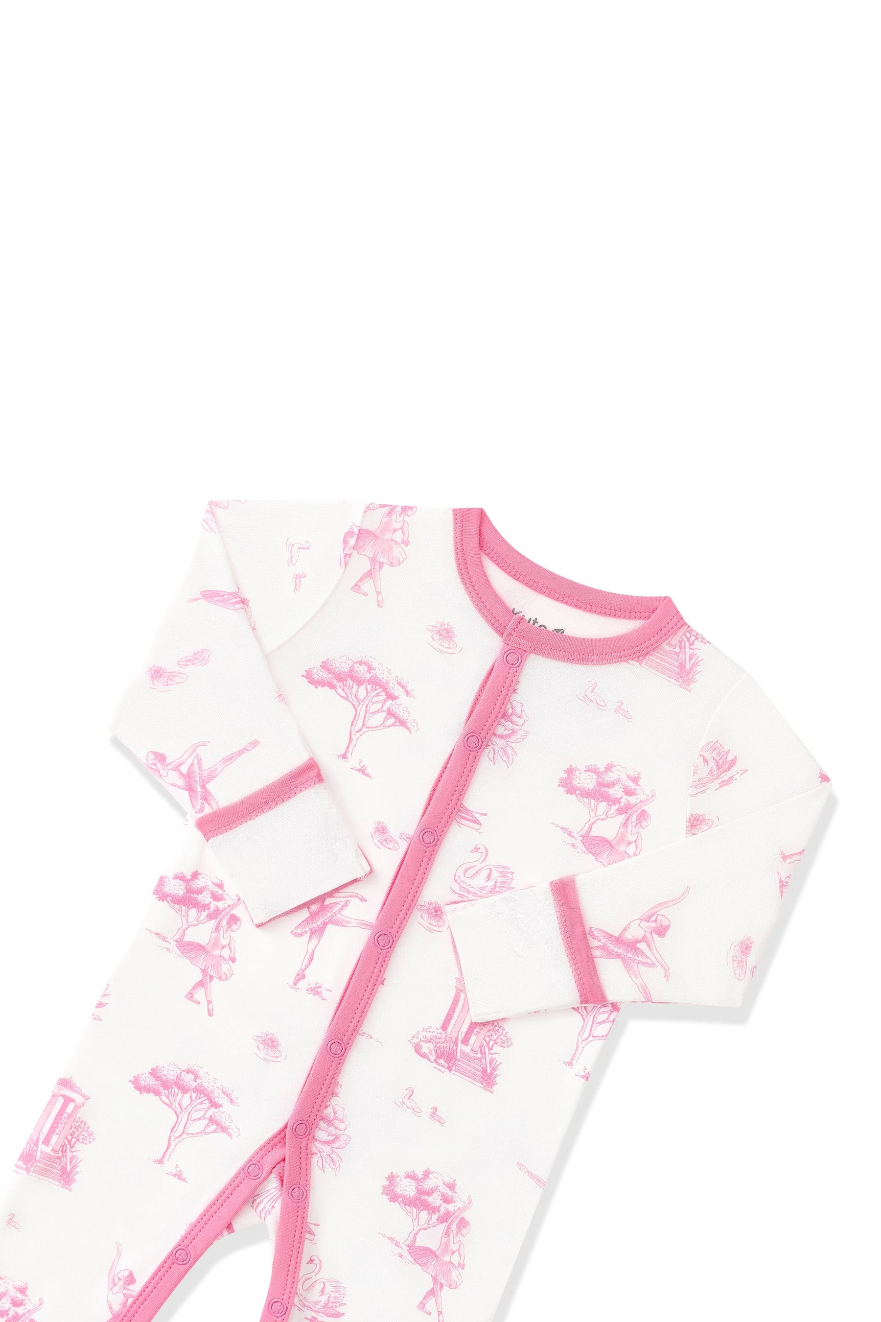 Close up of the pink snap trim and fold over hand cuffs on the Romper in Toile Ballet