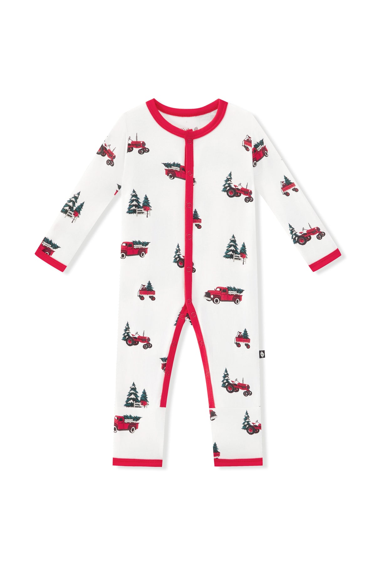 A long-sleeve baby footless one-piece pajama with a red zipper, featuring a white background with a red truck and Christmas tree pattern, finished with red trim on the collar, cuffs, and leg openings.