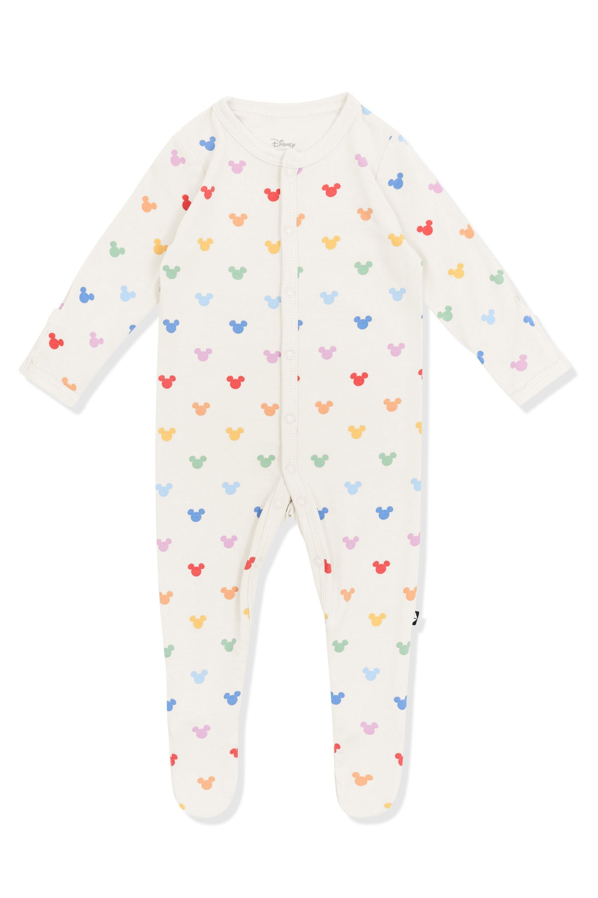 Footie with Pastel Mickey Mouse print on an oat background