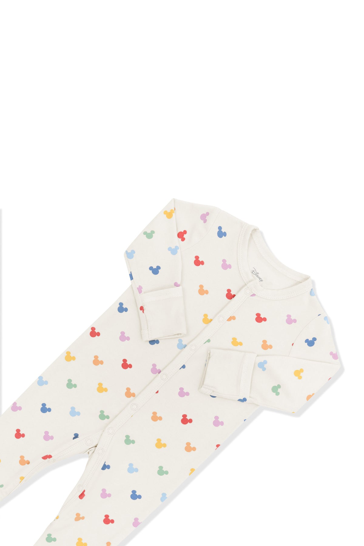 Top part of footie in pastel mickey mouse pattern on an oat background