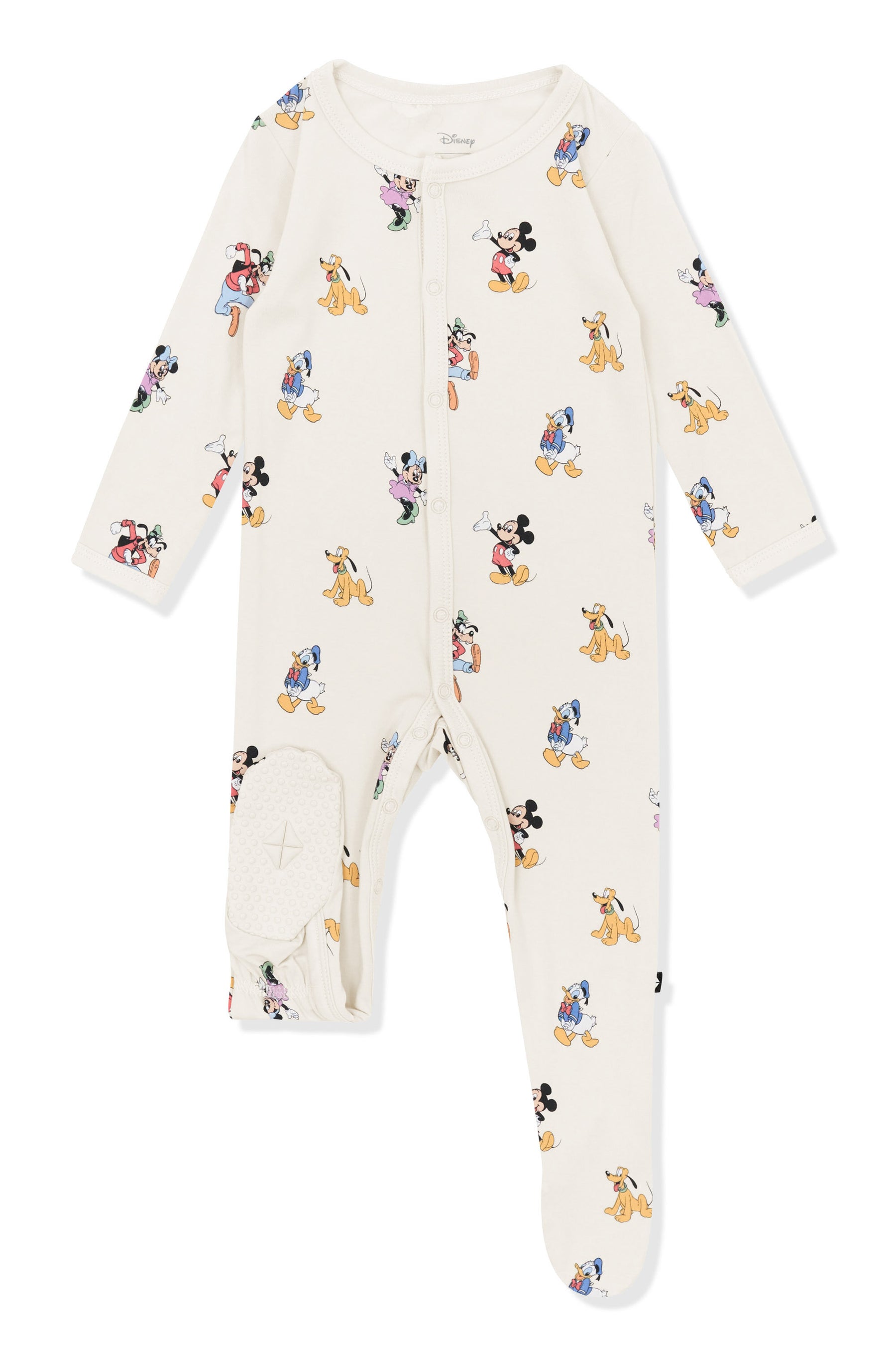 Bottom part of footie in mickey mouse and friends print on an oat background