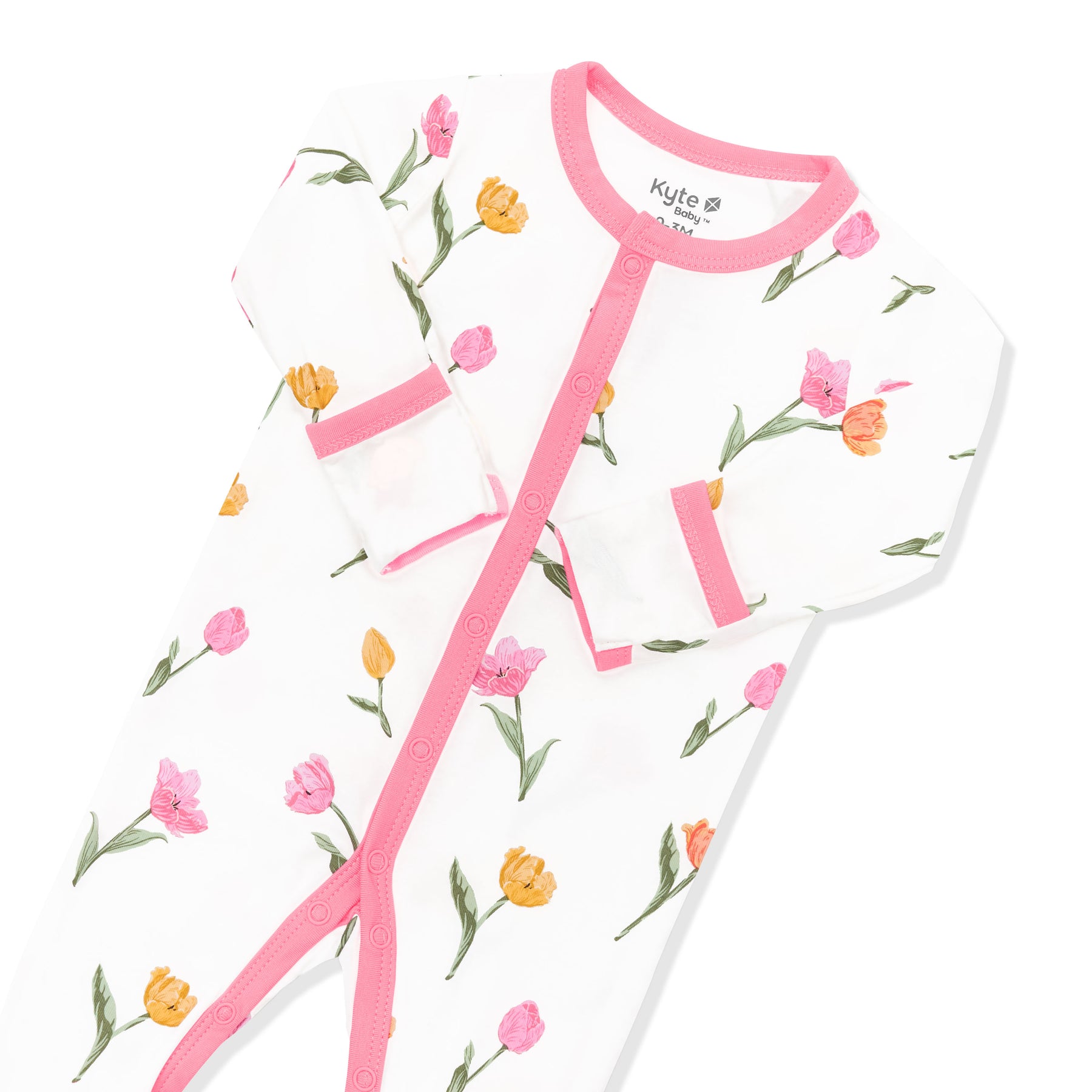 Snap closure with pink trim and fold over hand cuffs shown on the Footie in Tulip