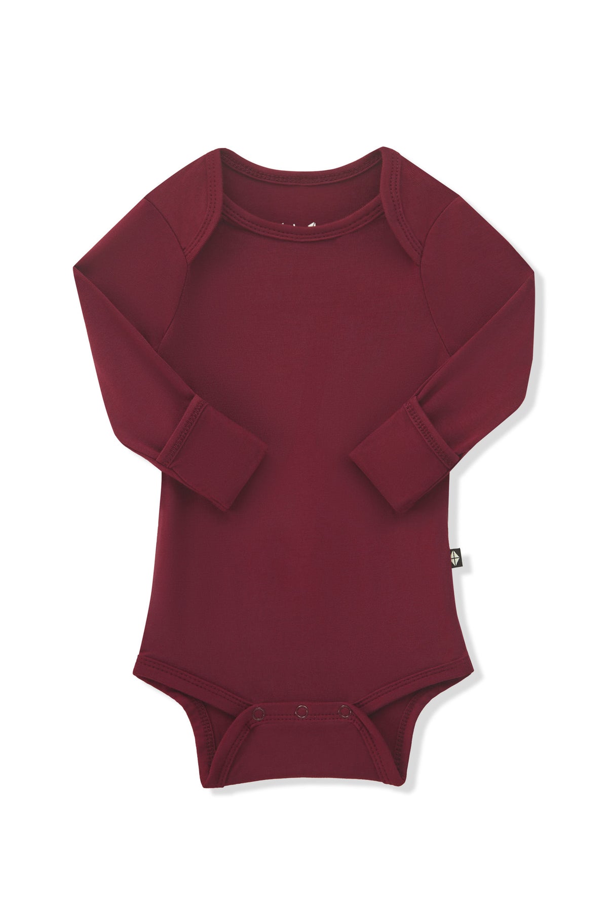 Arms of the Long Sleeve Bodysuit in Burgundy folded inward showing the fold over hand cuffs on a white background