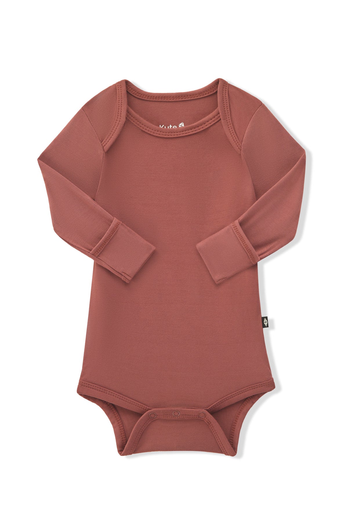 Arms of the Long Sleeve Bodysuit in Ember folded inward showing the fold over hand cuffs on a white background