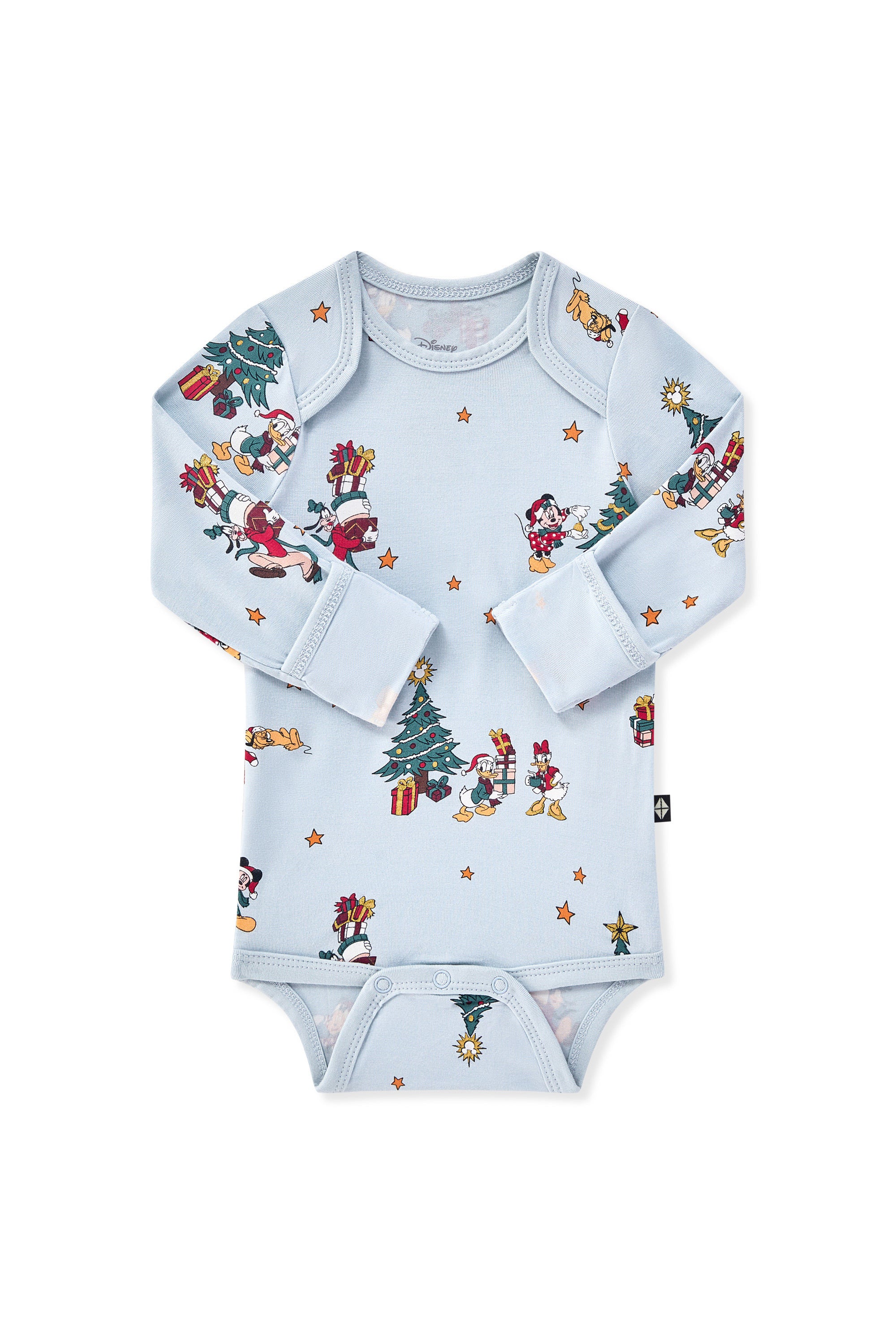 Long Sleeve Bodysuit in Mickey & Friends Christmas print with folded sleeves on a white background