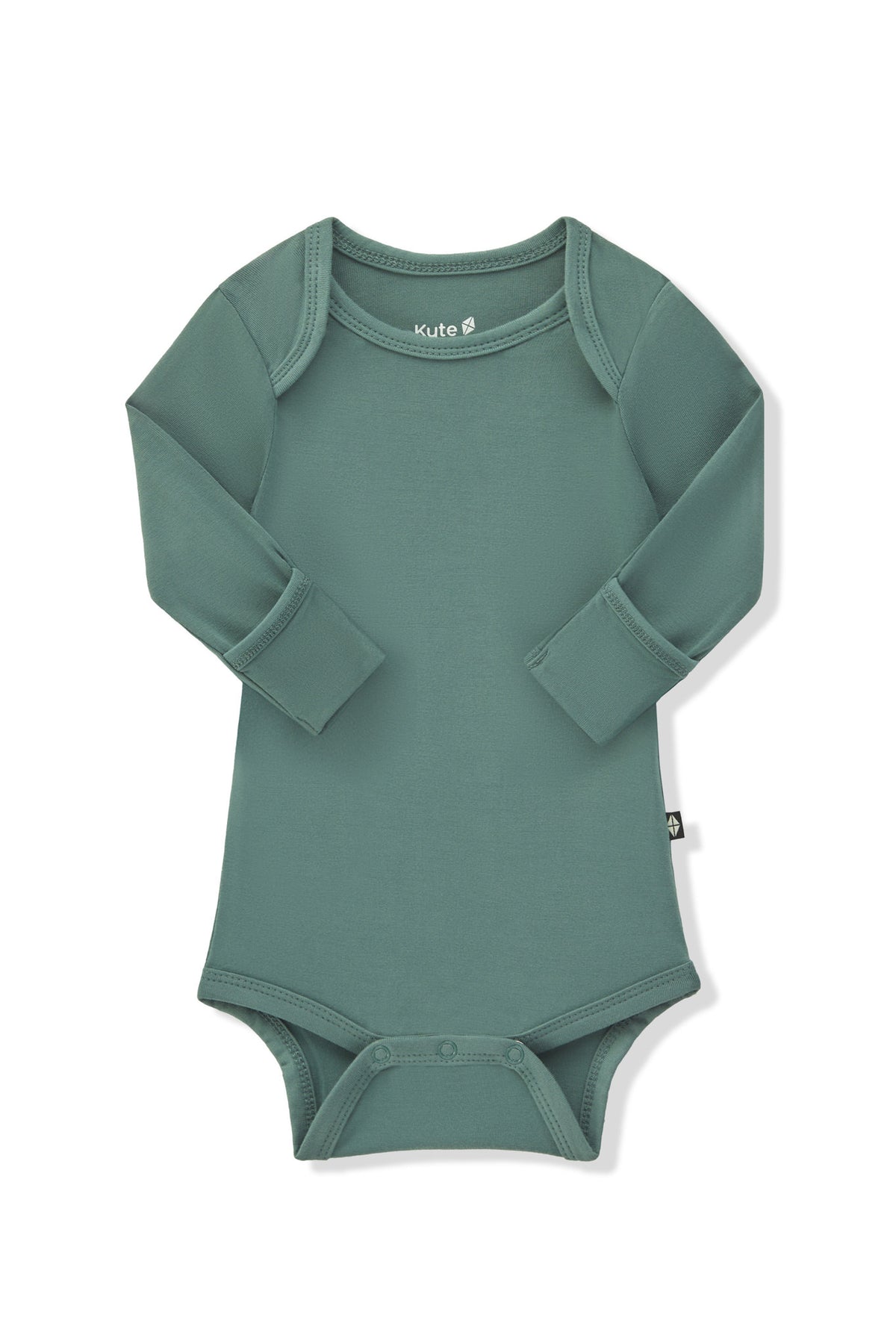 Arms of the Long Sleeve Bodysuit in Pine folded inward showing the fold over hand cuffs on a white background