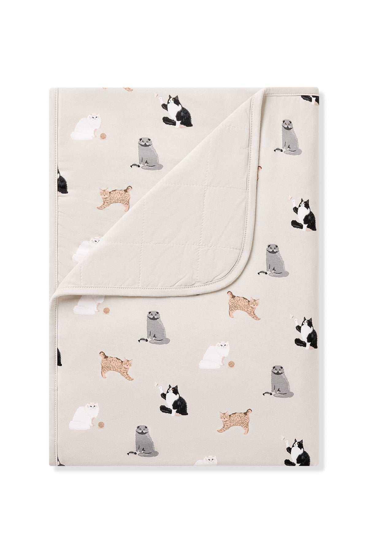 Toddler Blanket in Fluffy Cat 1.0 with the corner flipped down showing the light beige quilted backing