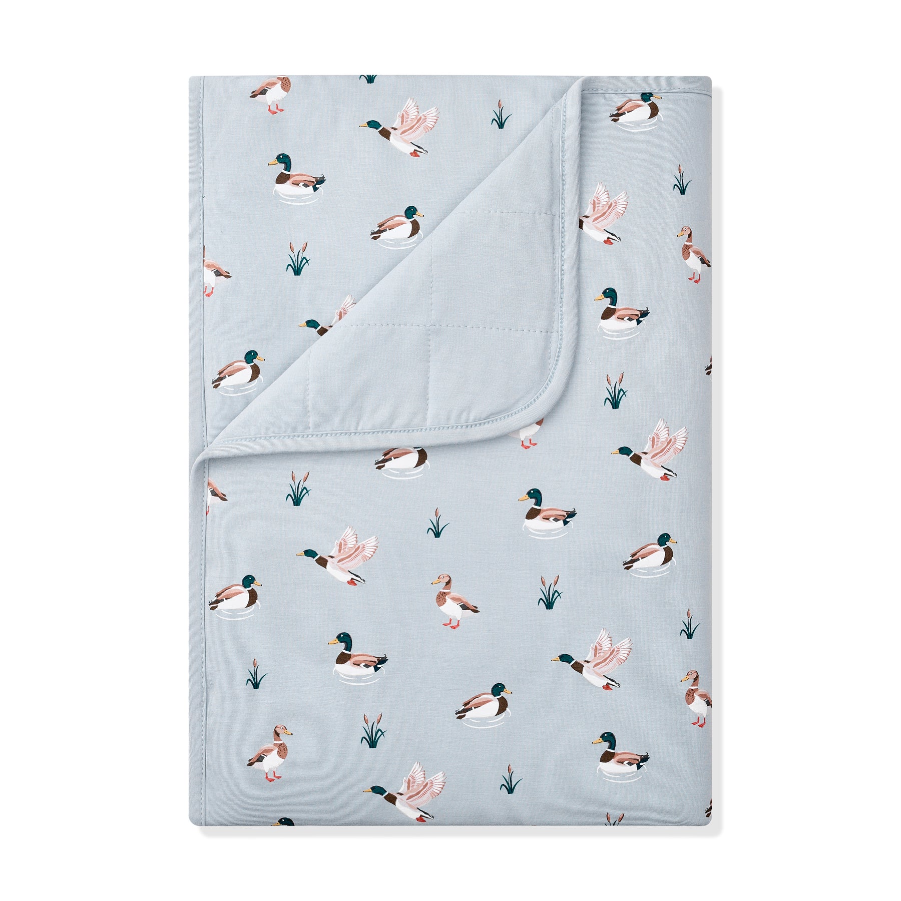Toddler Blanket in Mallard Duck 1.0 with the corner flipped down showing the light blue backing