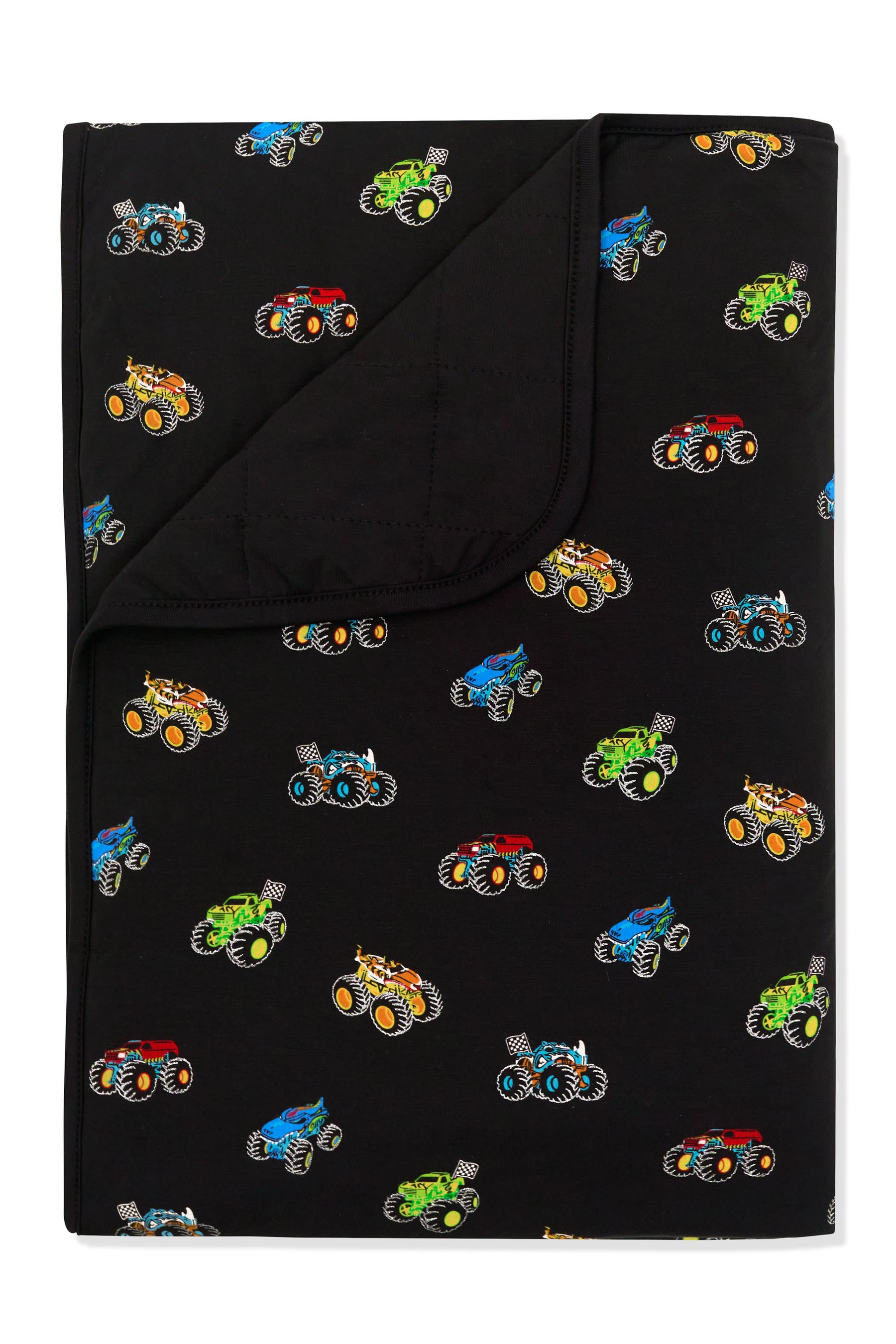 Colorful Monster truck print on Black Toddler Blanket on white background