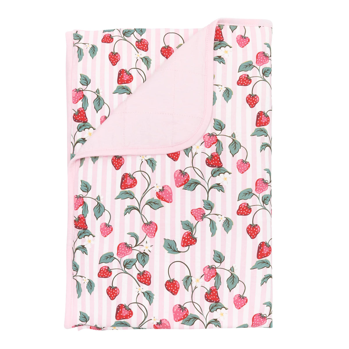 Toddler Blanket in Strawberry Fields 1.0 with the corner flipped down showing the light pink Sakura backing