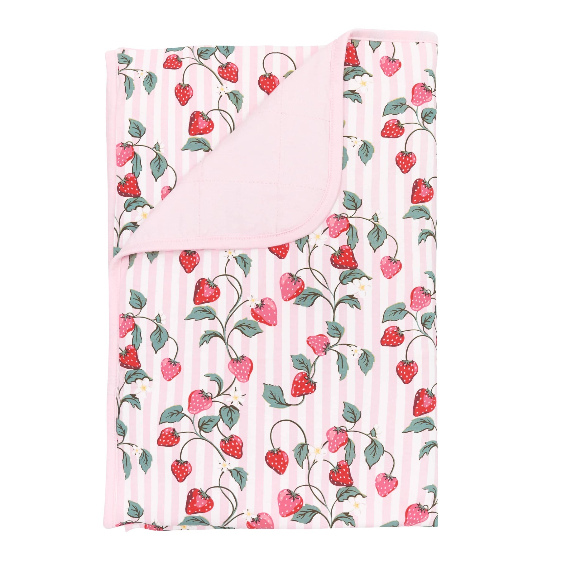 Toddler Blanket in Strawberry Fields 1.0 with the corner flipped down showing the light pink Sakura backing