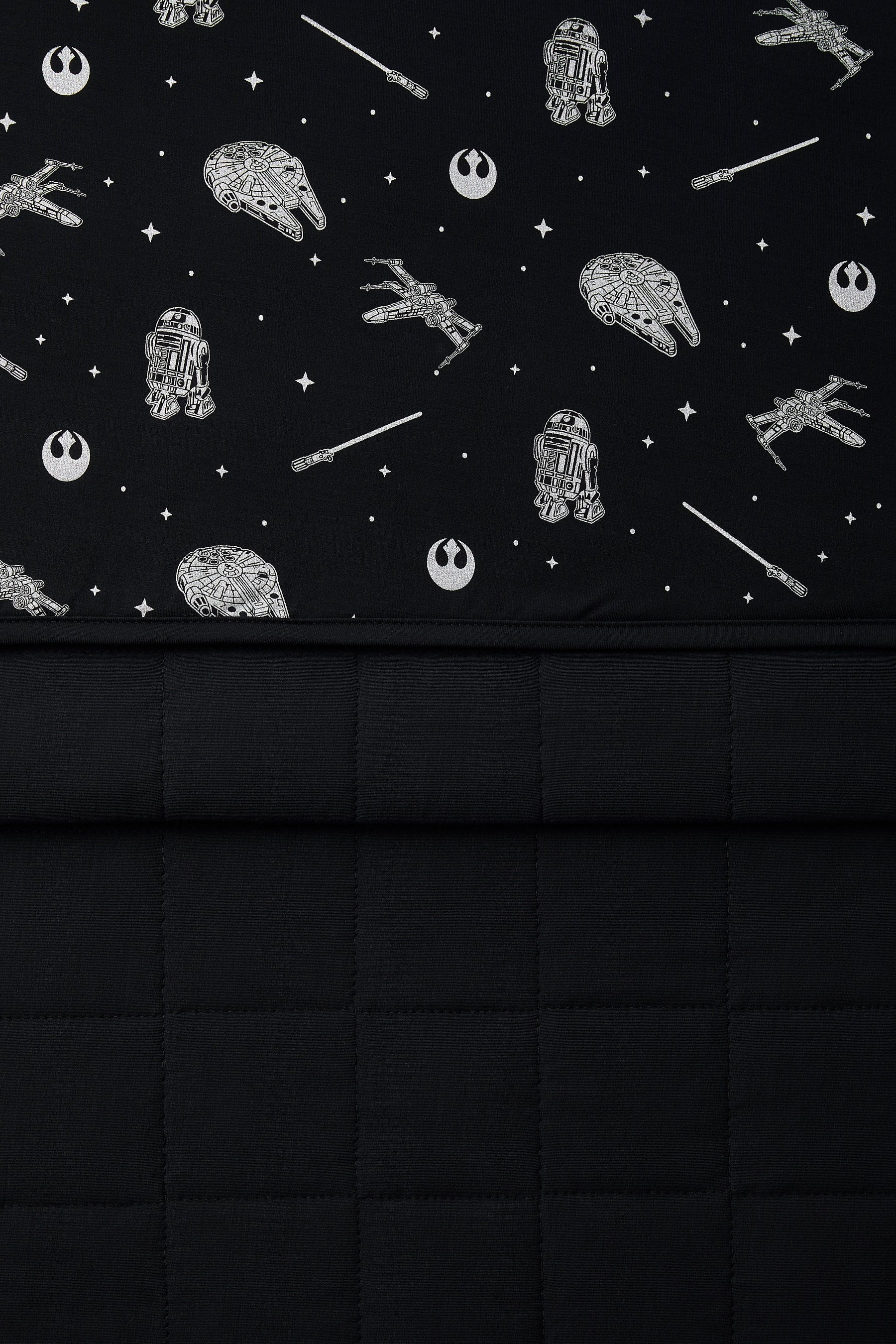 Close up of the Toddler Blanket in STAR WARS™ 1.0 showing the black quilted backing and smooth top printed layer
