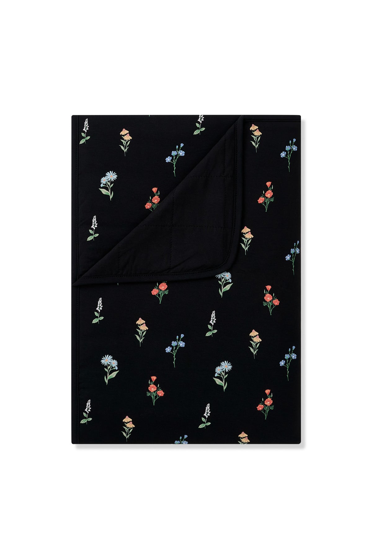 Black Toddler Blanket with Wildflower 1.0 print on a white background
