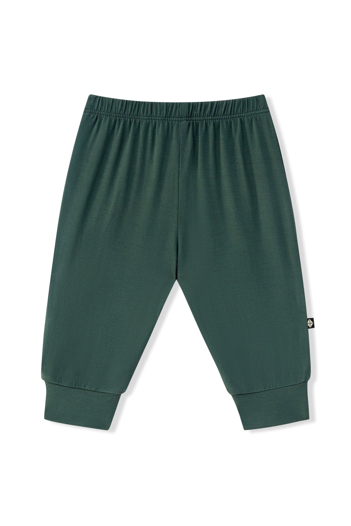 Dark green jogger pants for baby and toddlers, featuring an elastic waistband and ribbed ankle cuffs, shown flat on a white background.