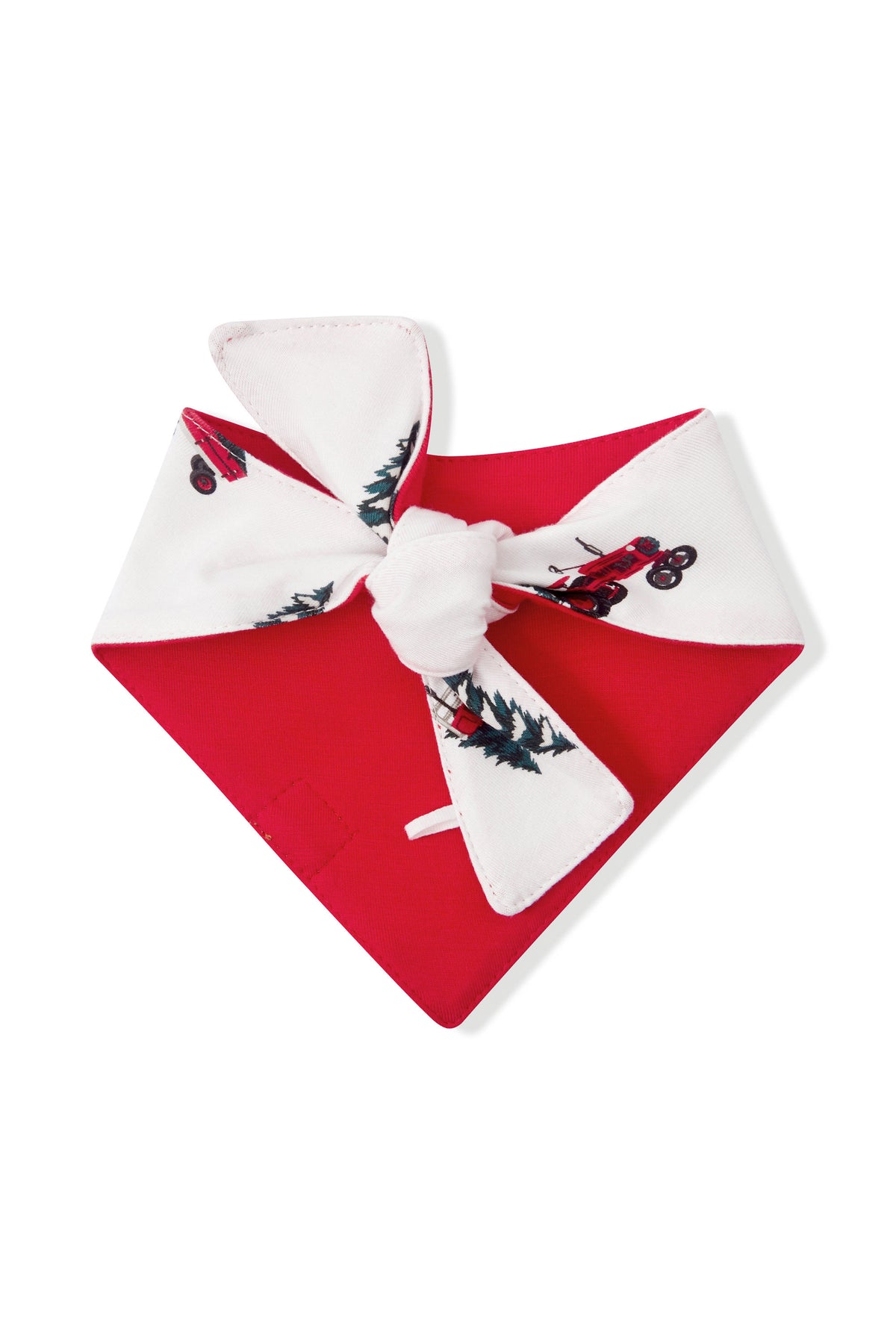 A red and white bandana-style pet bow tie featuring a printed pattern of red motorcycles, green holly leaves, and pine trees, shown on a plain white background.