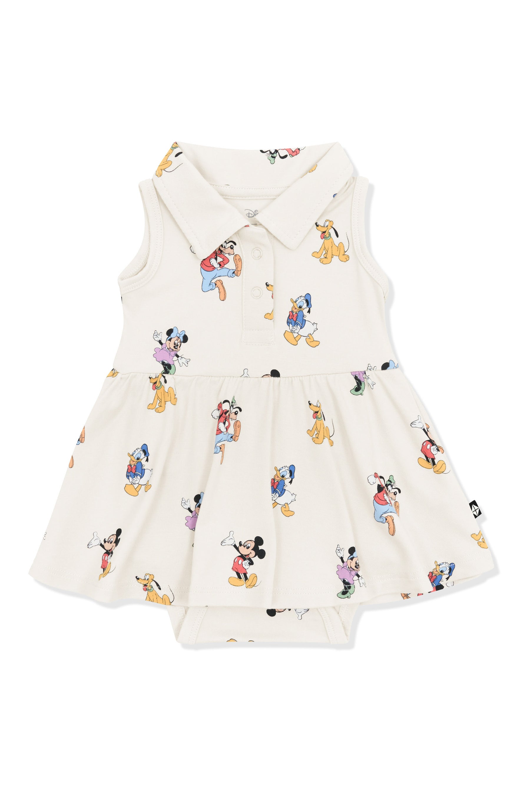 Polo Bodysuit Dress with Mickey Mouse and Friends print on an oat background