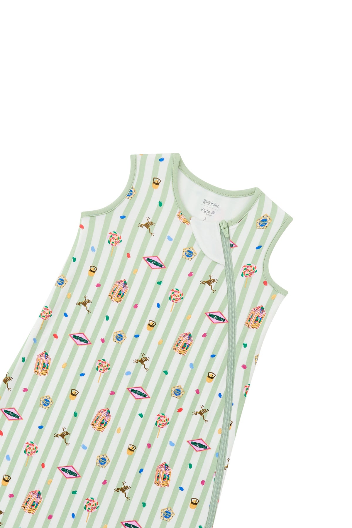 Zipper of green and white striped sleep bag with colorful Harry Potter patterns on a white background