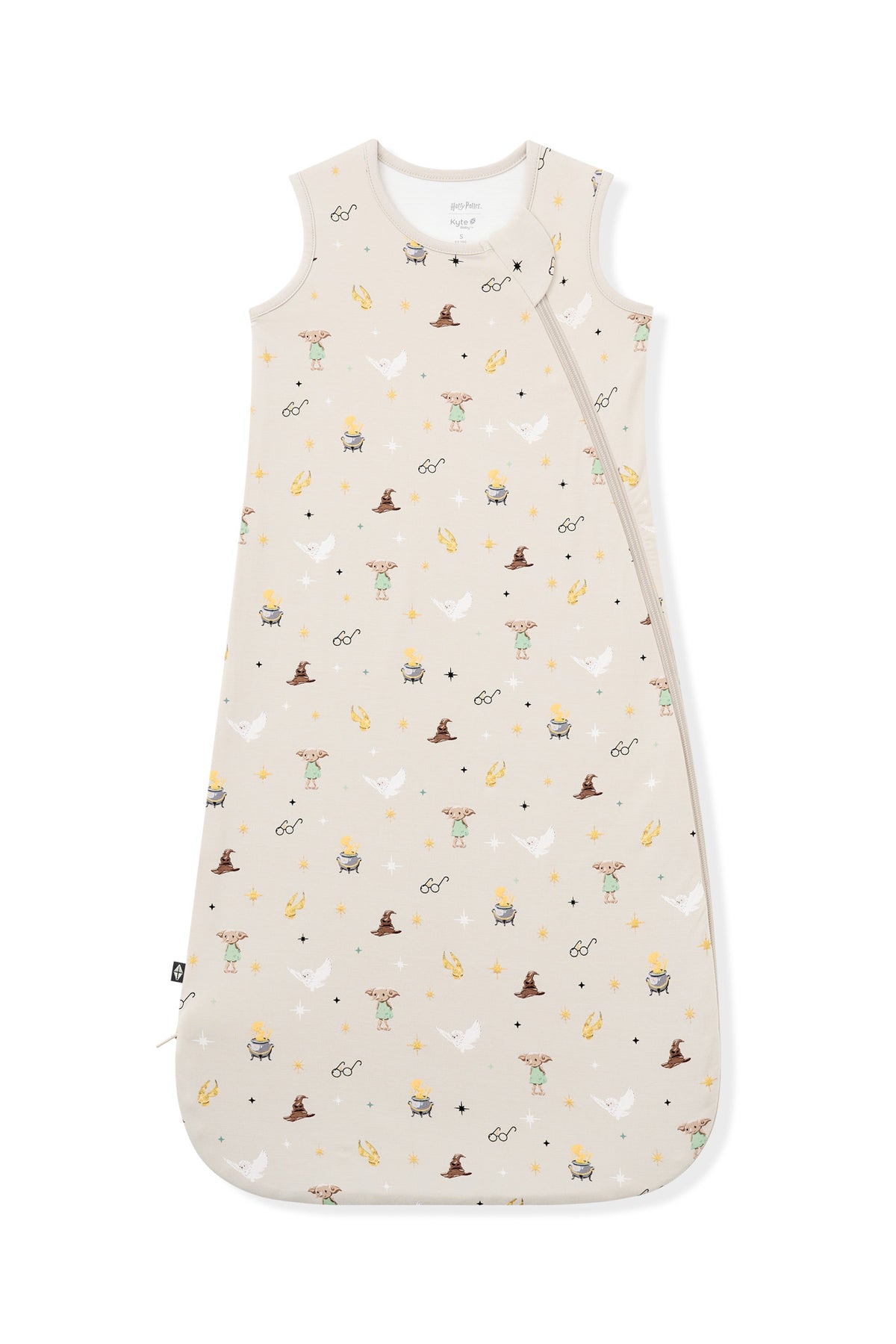Cream sleep bag with Harry Potter prints on a white background.