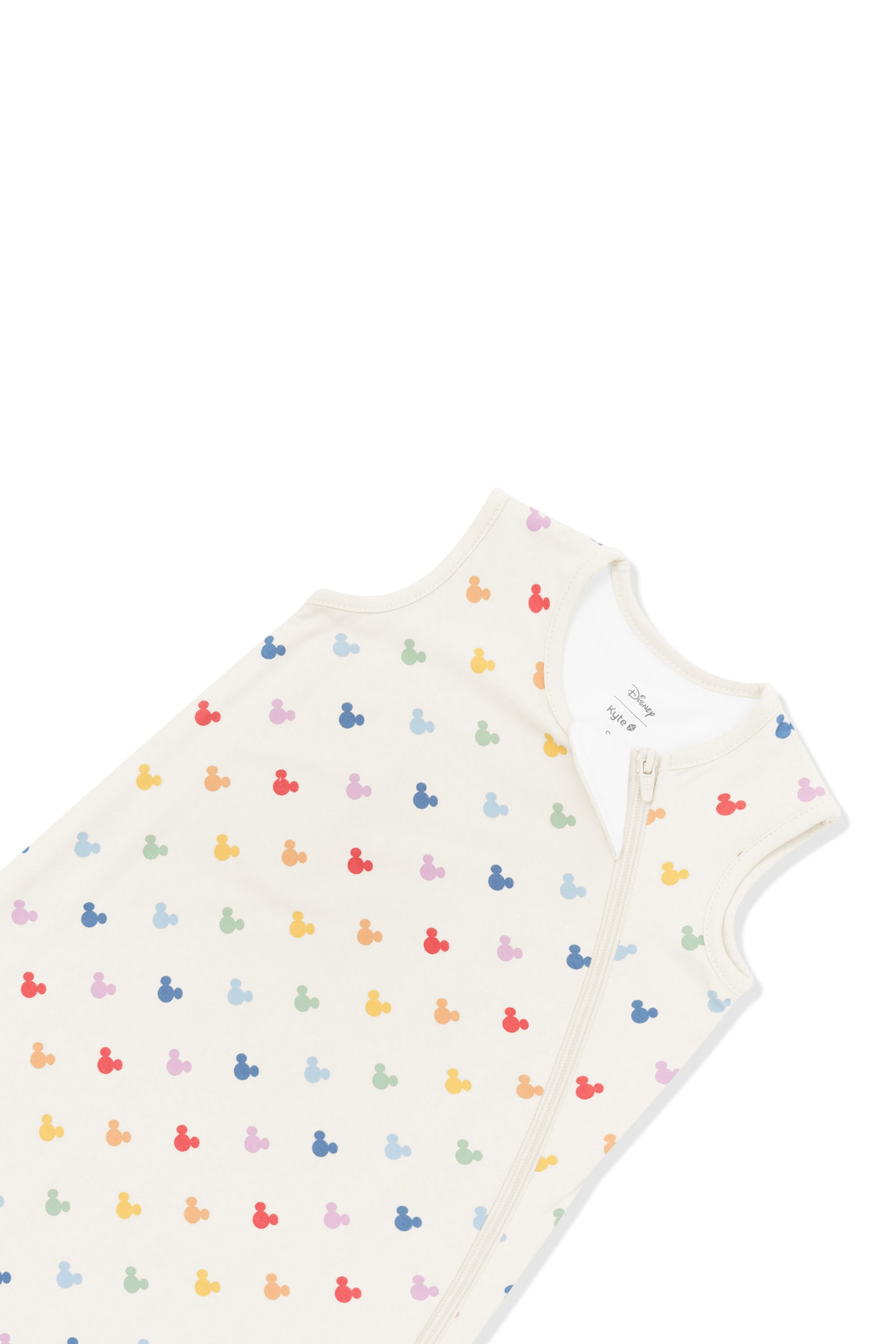 Zipper of Sleep Bag in Pastel Mickey Mouse pattern on an oat background
