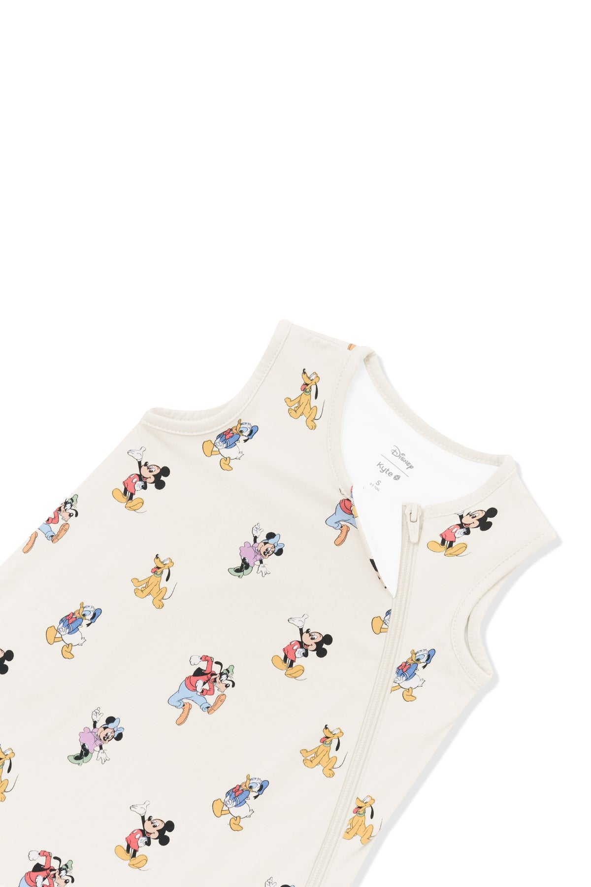 Zipper of Sleep Bag in Mickey Mouse and Friends print on an oat background