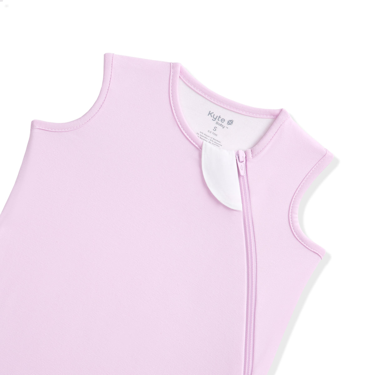 Light purple sleeveless baby sleep bag with a zipper on a white background