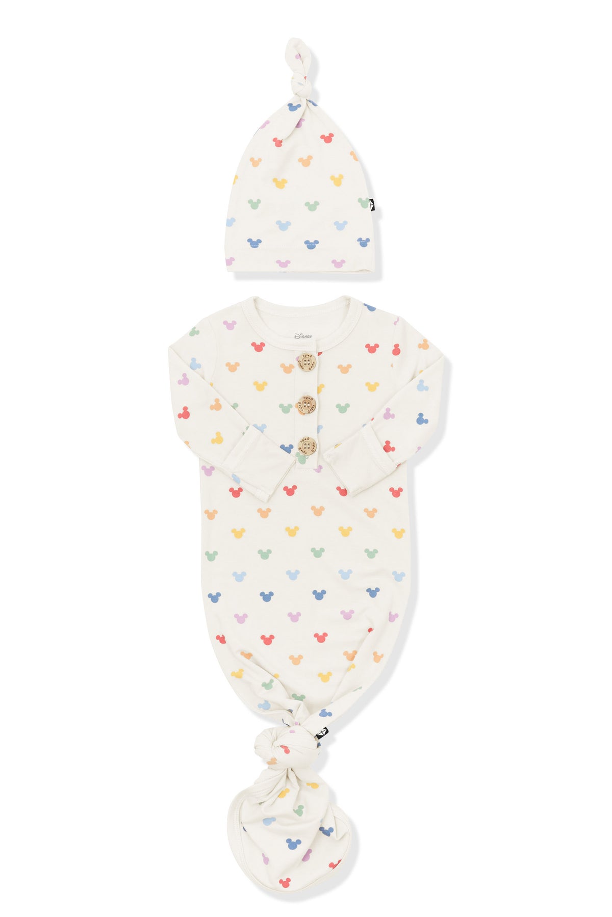 Front of Knotted Gown with Hat Set in Pastel Mickey Mouse pattern on an oat background