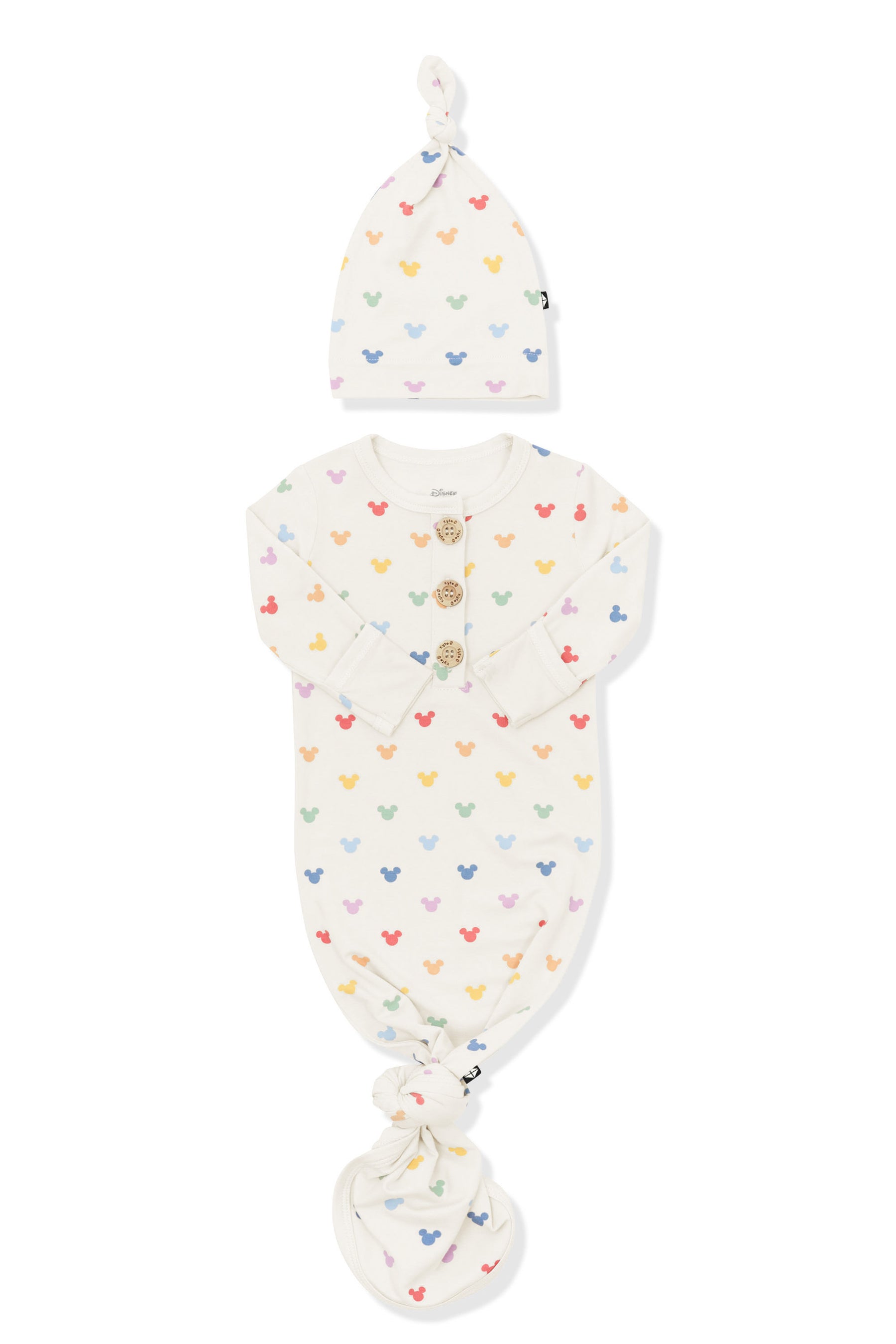 Front of Knotted Gown with Hat Set in Pastel Mickey Mouse pattern on an oat background