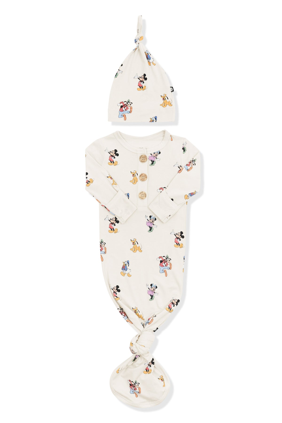 Front of Knotted Gown with Hat Set in Mickey Mouse and Friends print on an oat background
