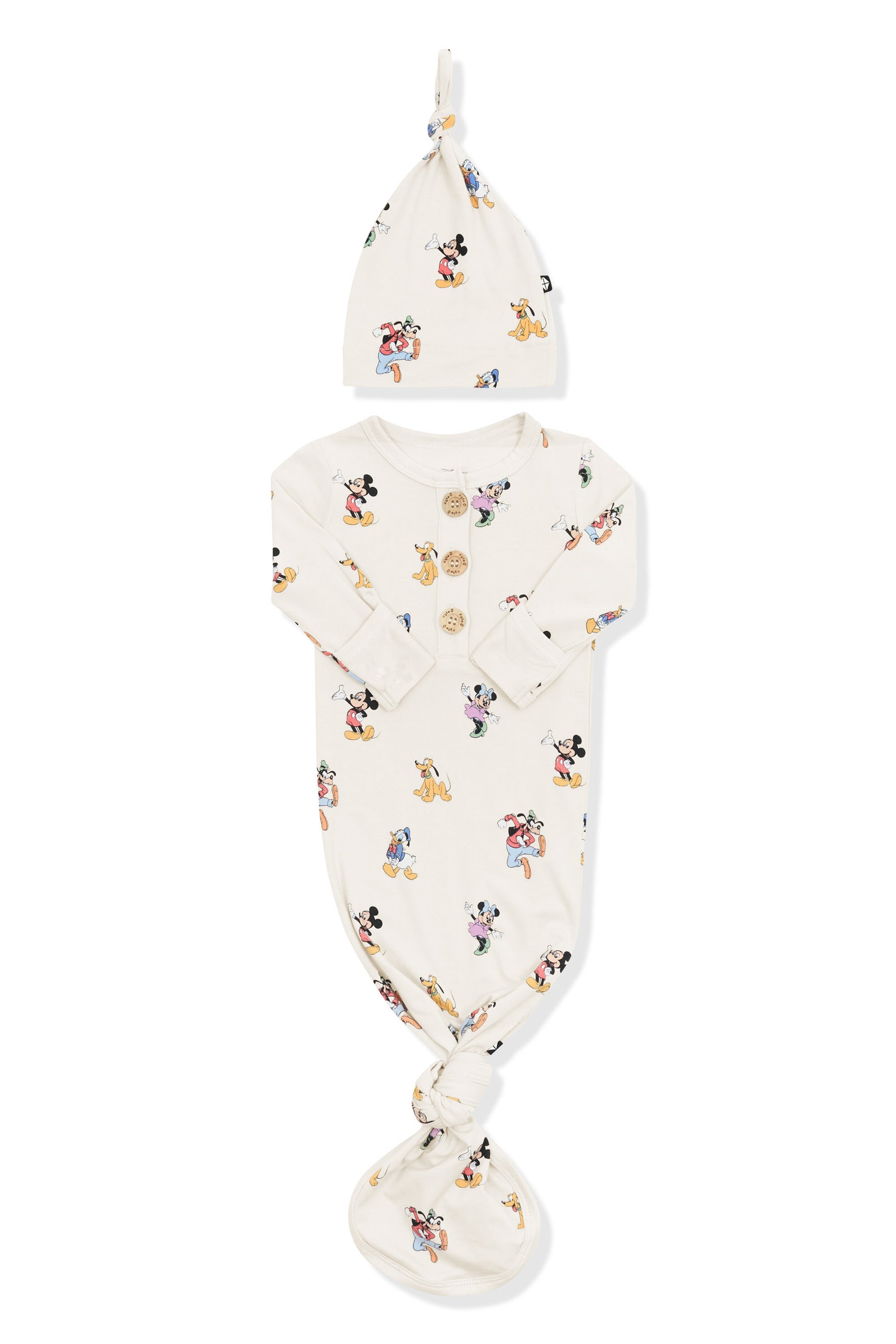 Front of Knotted Gown with Hat Set in Mickey Mouse and Friends print on an oat background