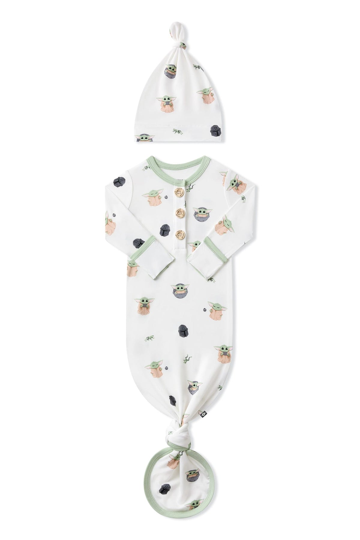 Knotted Gown with Hat Set in Grogu™ with the arms folded inward on a white surface